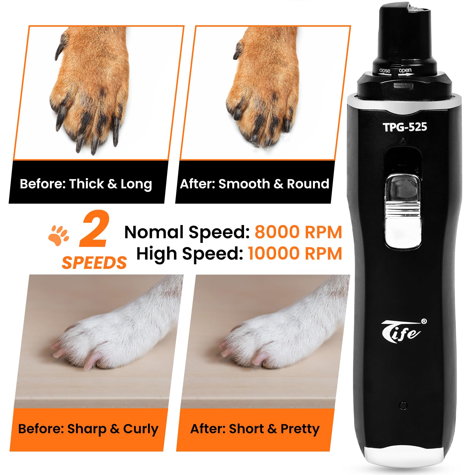 Tife Dog Nail Grinder,2 Speed Electric Rechargeable Dog Nail Trimmer,Quiet and Low-Vibration Pet Nail Grinder,Painless Dog&Cat Grooming Supplies for Large Medium Small Pets - image 2