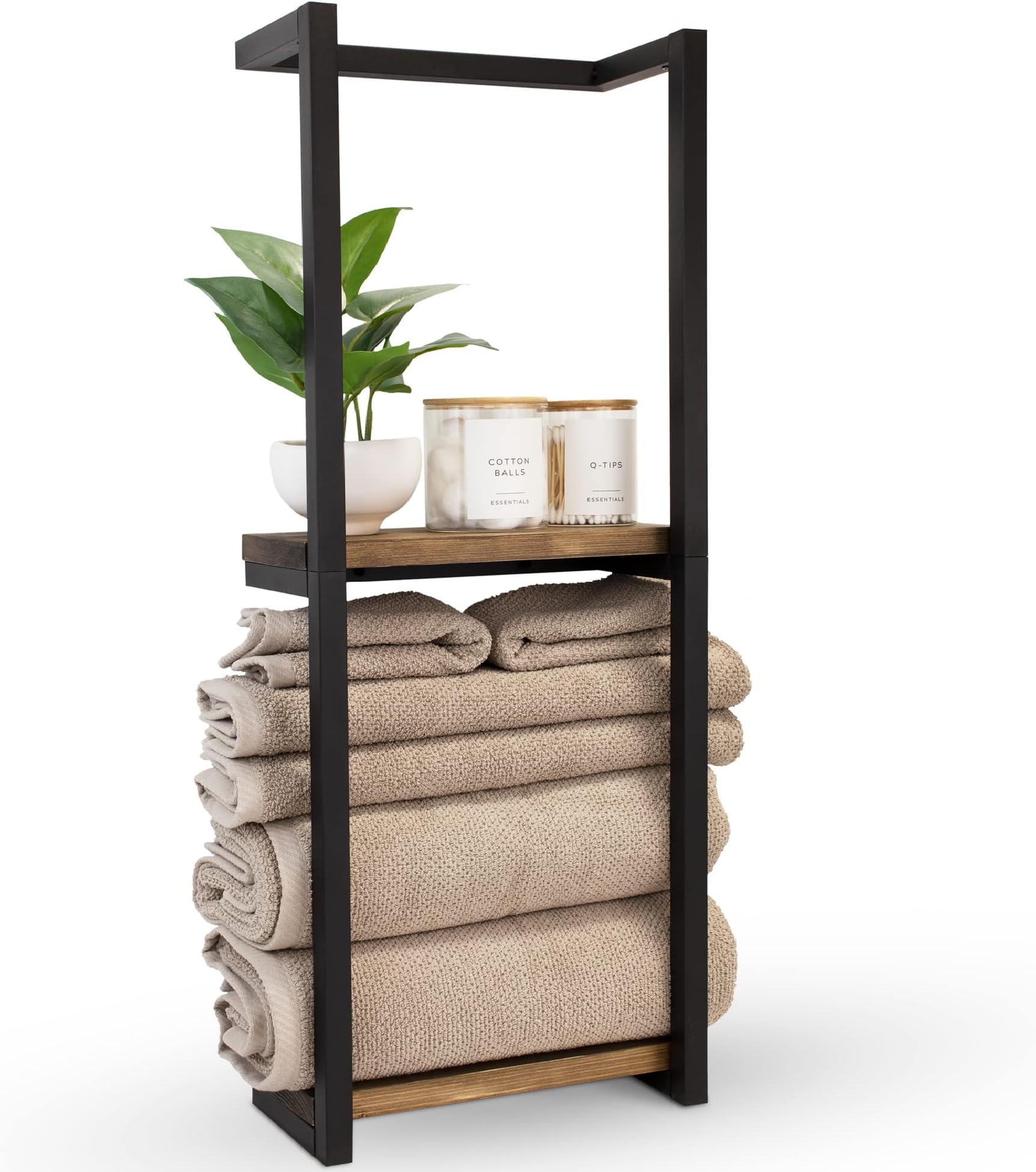 Stylish Bathroom Towel Storage Rack with Wooden Shelves – Modern & Space Saving Organizer for Wall Mount That Easily Holds 8 Large Towels - The Perfect Towel Holder To Enhance Your Bathroom Decor