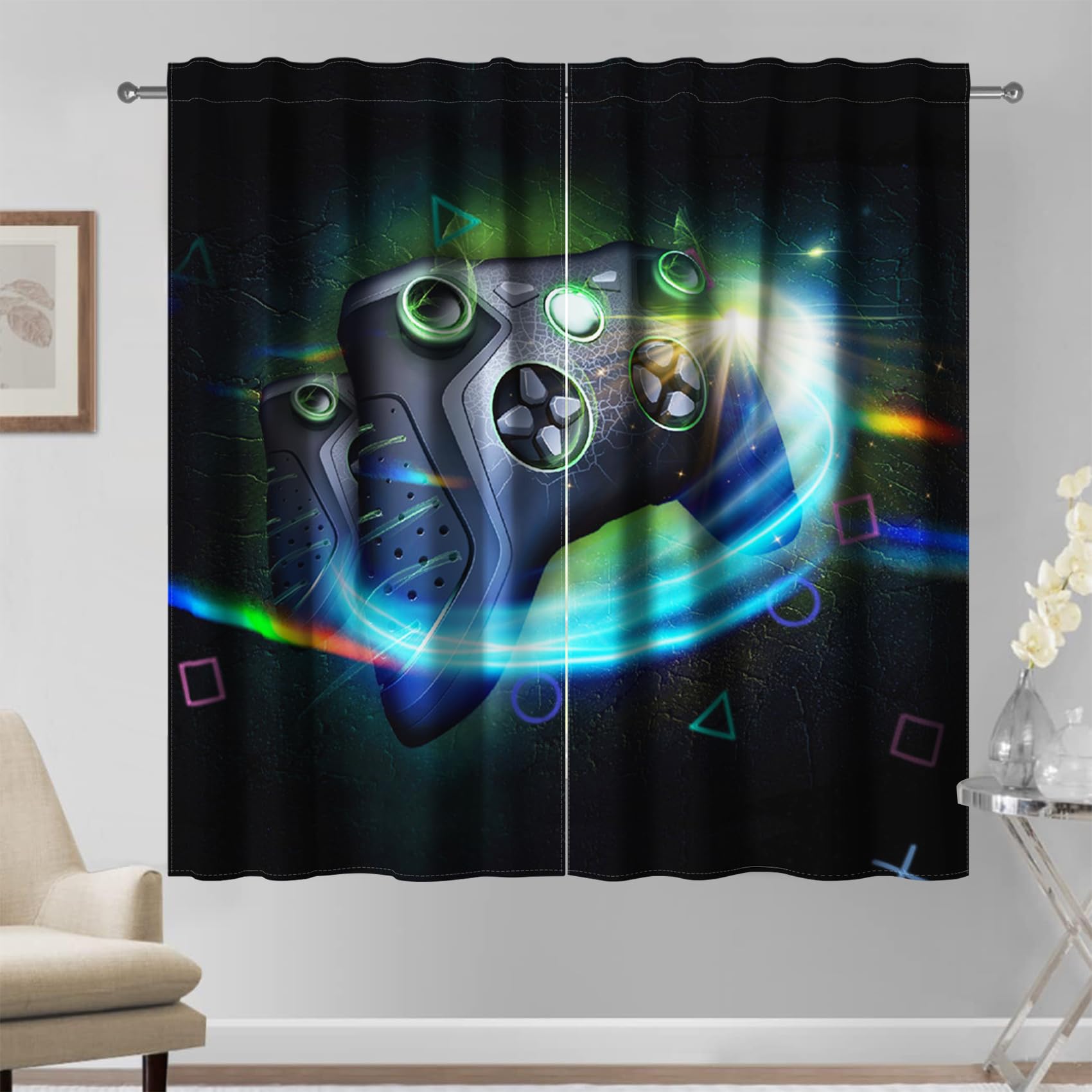 Kzzfqxb 107x215cm GamePad Curtains 2 Panels, Game Esports Black Operating Handle in Shining Aperture Rod Pocket Window Drapes