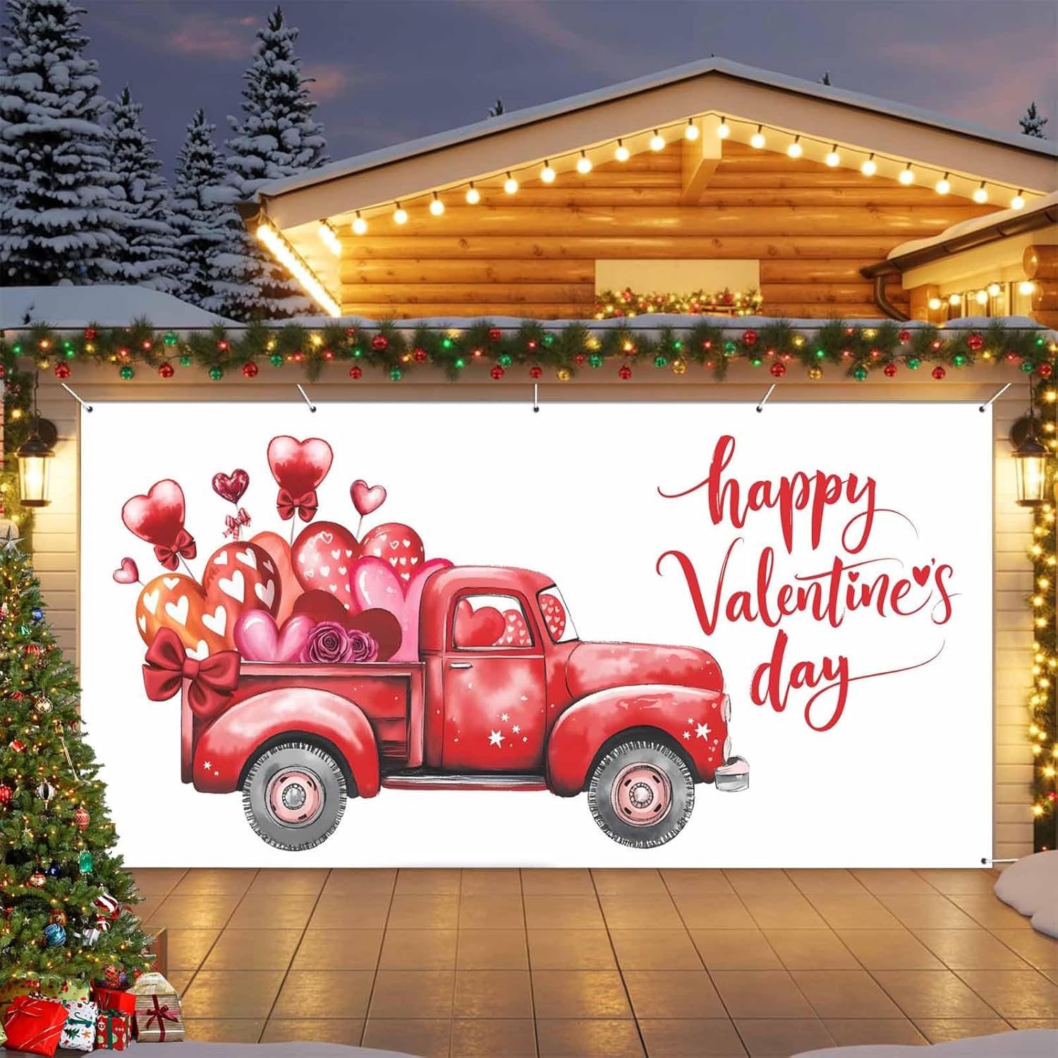 Valentine Garage Door Cover 7x8Ft Garage Door Banner Cover, Pink Red Love Heart Truck Watercolor Garage Door Decorations Backdrop for Christmas Holiday Garage Door Covers