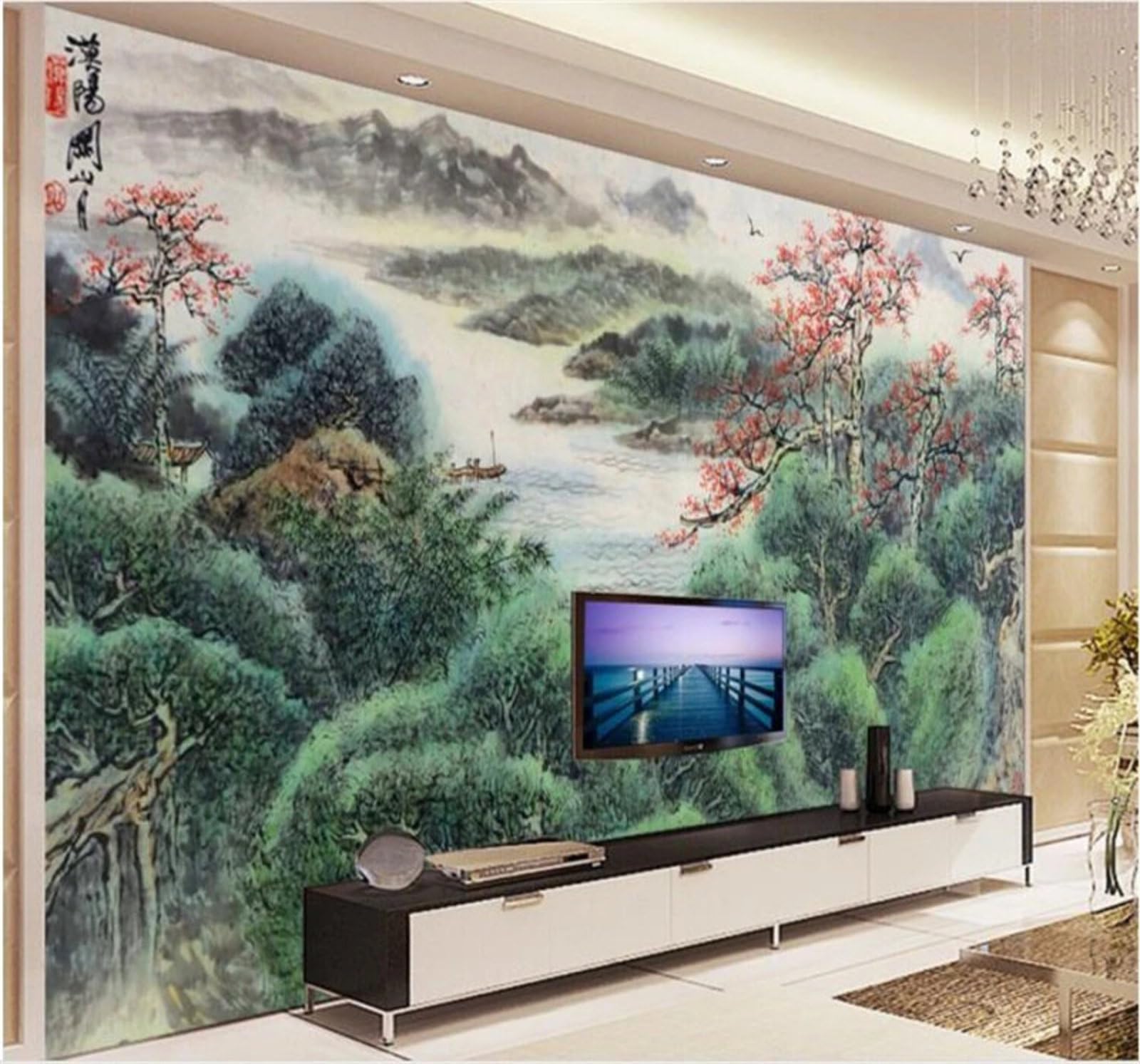 Xlming 400Cm×280Cm(B×H) Fresh Ink Wash Landscapes Rivers Scenery 3D Wallpaper Luxury Silk Study Dining Feature Sofa Grey Bedroom Living Room Tv Decorative Wall-400Cm×280Cm
