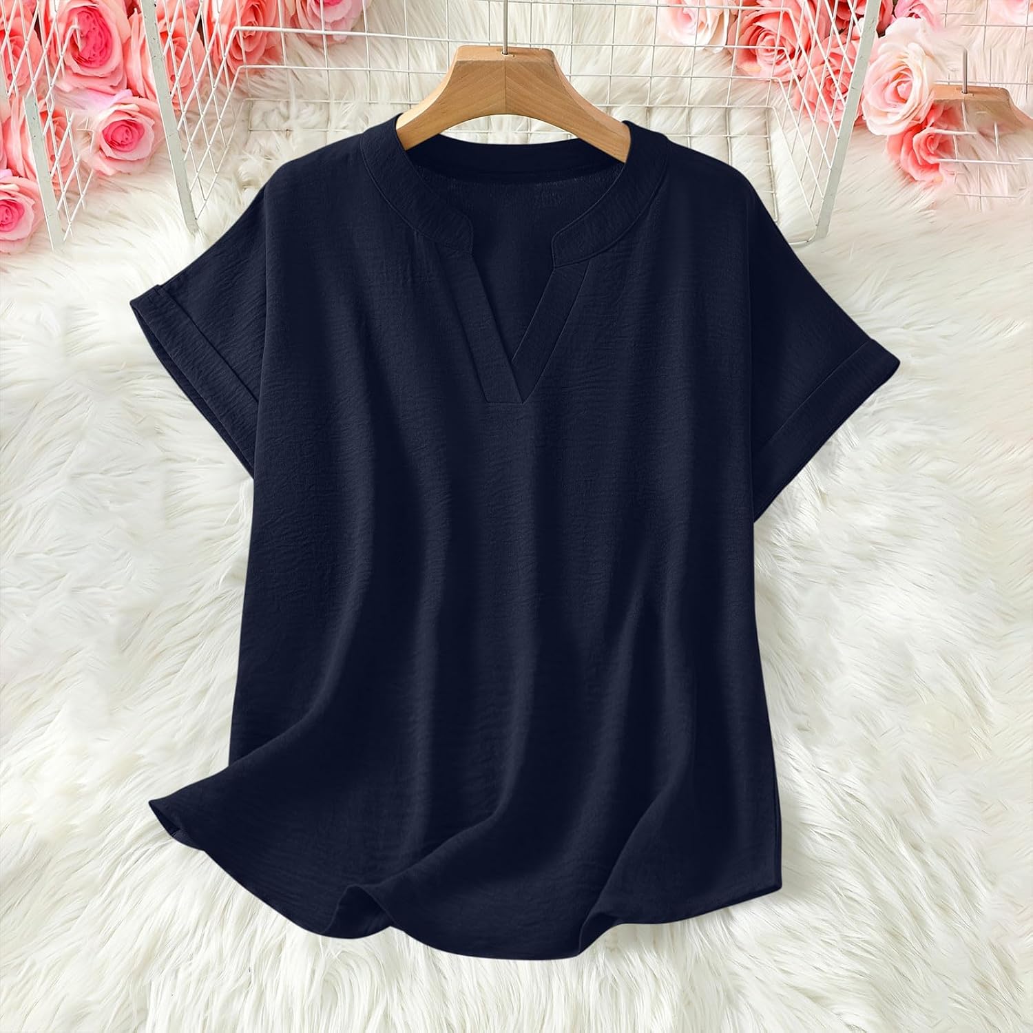 Women's Cotton Linen Tops Casual Half Sleeve Crew V Neck Blouse Shirt Loose Fit Breathable Summer Tees