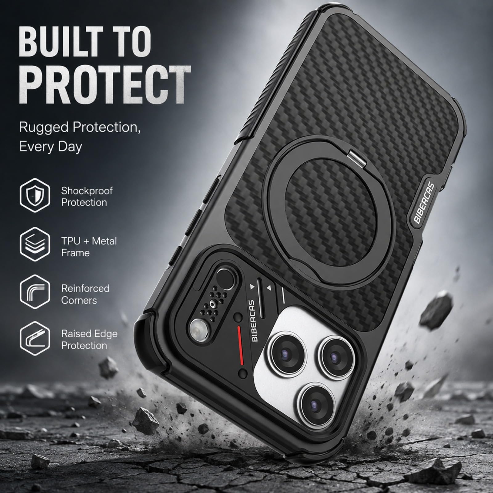 Funda para iPhone 17 Pro MAX con Anillo Giratorio y Soporte, Azul
