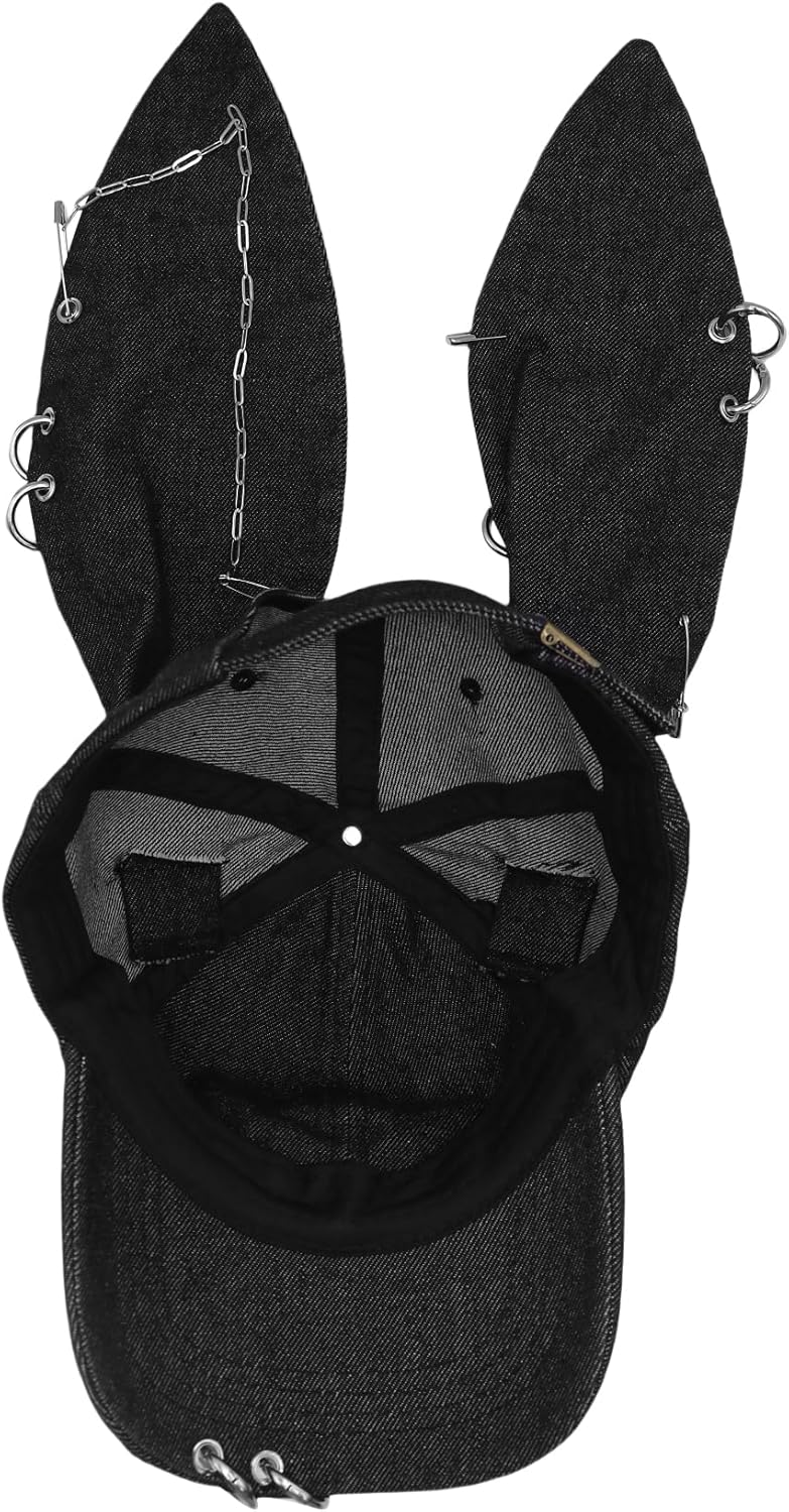 Gothic Denim Rabbit Hat with Ears Bunny Ears Hat Y2k Grunge Iron Ring Chain Cap Distressed Baseball Caps Ripped Jean Cap