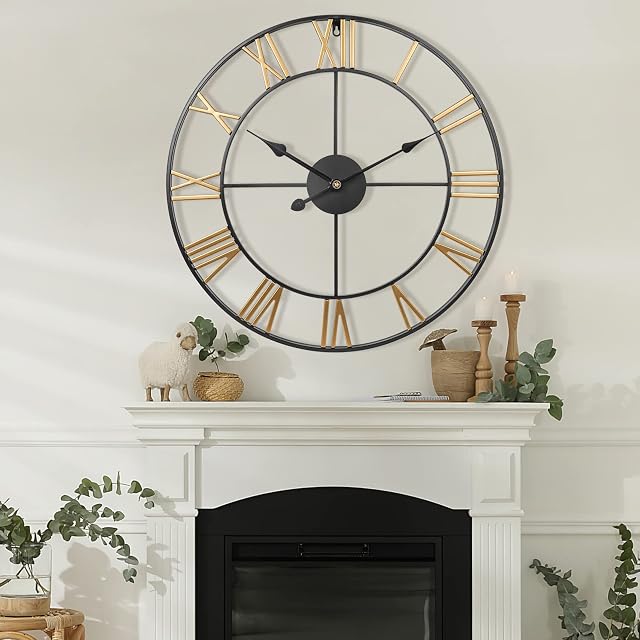 Horloges murales pour décoration maison, Grande horloge murale surdimensionnée avec style numérique romain,47cm Horloge murale en métal rustique, salle de séjour, cuisine, décoration de bureau