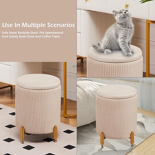 Miniatura 5 de Mxfurhawa Taburete otomano redondo con almacenamiento y patas de metal reposapiés tapizado de terciopelo soporte de 300 libras mesa de centro