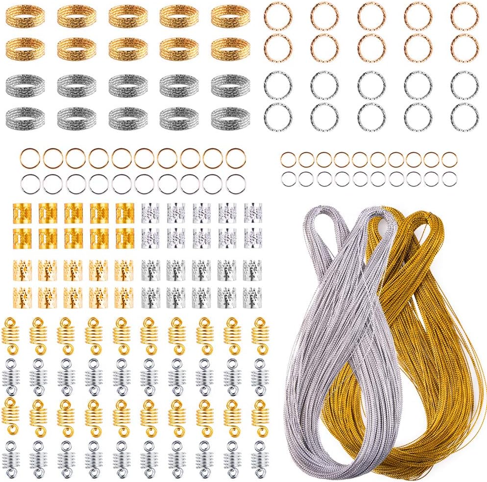 WXJ13 160 PCS Aluminum Hair Coil Hair Jewelry Rings Hair Braid Rings Gold and Sliver with 200M Metallic Cord
