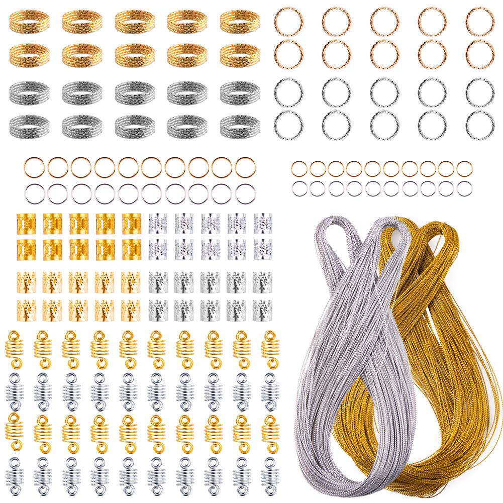 WXJ13 160 PCS Aluminum Hair Coil Hair Jewelry Rings Hair Braid Rings Gold and Sliver with 200M Metallic Cord