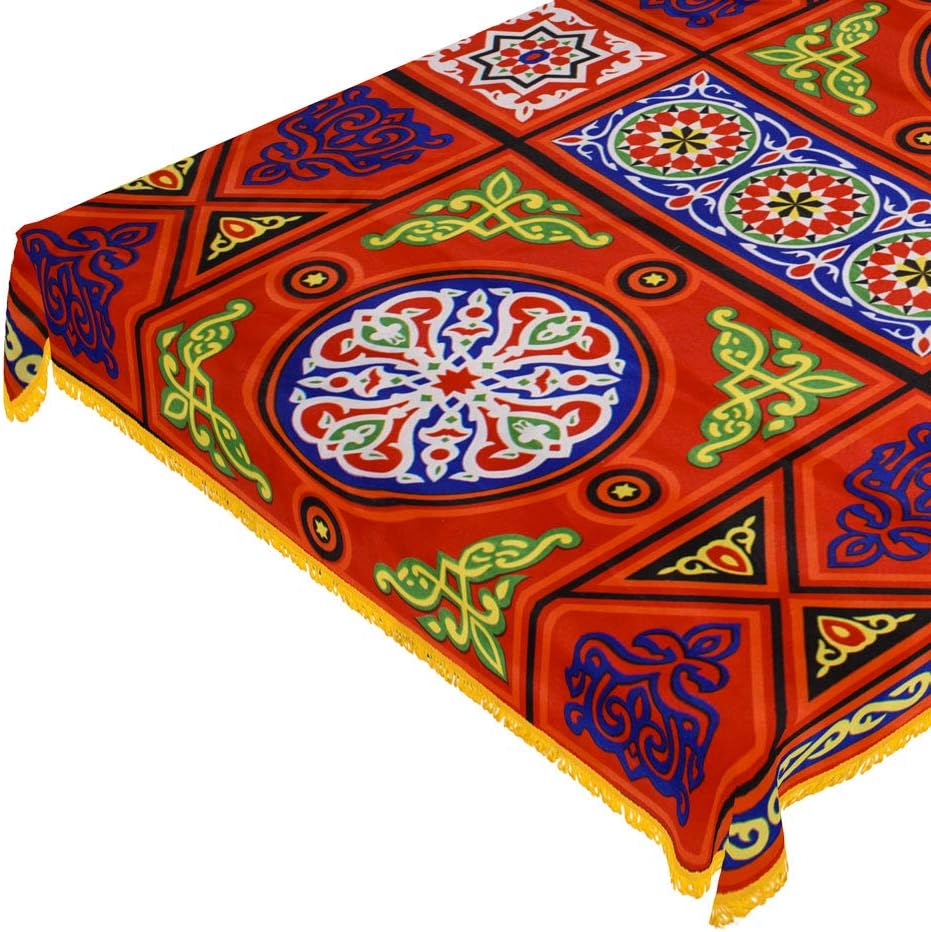 Egyptian Ramadan Decorations Colorful Red Printed Khayamiya Polyester Cotton Tablecloth Cover Top Square 55 Inches 140 cm