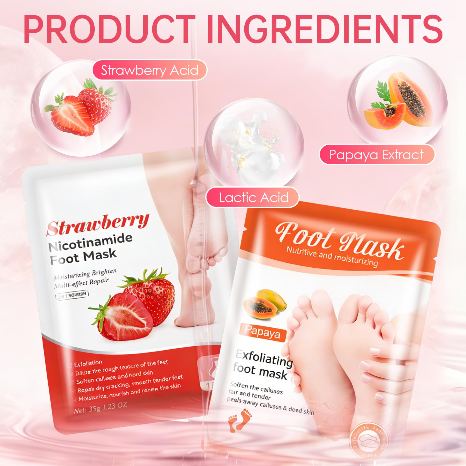 2 Paires Masque Pied Exfoliant，Masques Nourrissant pour les Pieds, Chaussette Exfoliante Pieds très Secs et Abîmés, Hydratation Profonde, pour Femmes & Hommes (Fraise+ Papaye)
