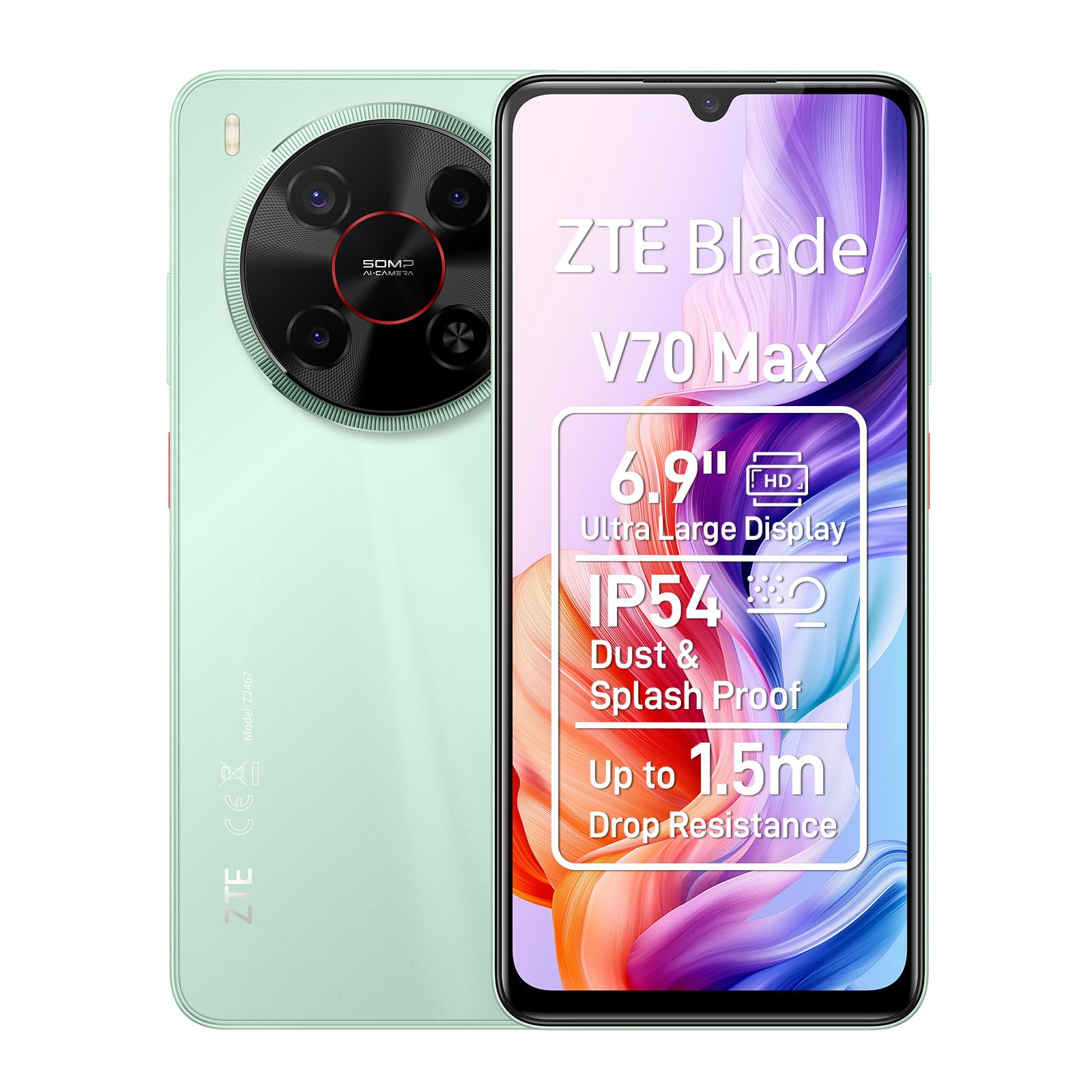 ZTE Blade V70 max Android-Handy, Smartphone ohne Vertrag: 4GB+128GB, 6000 mAh, 50MP Kamera & 6.9" HD-Großdisplay in Lake Green
