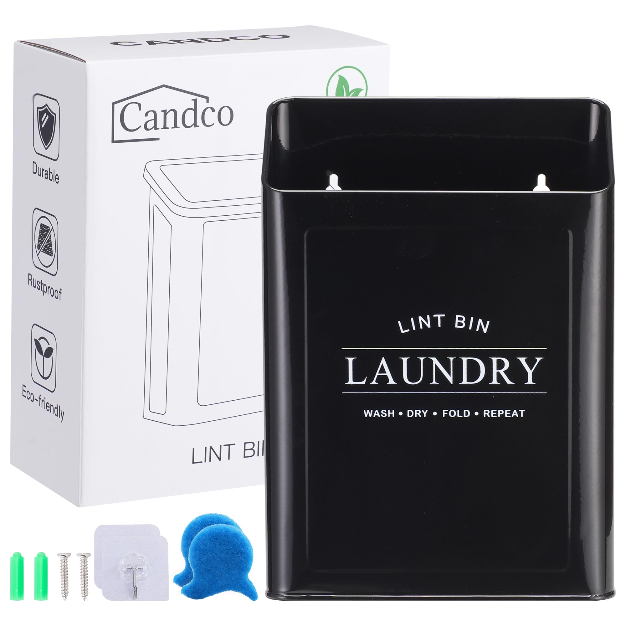 Candco Magnetic Lint Trash Can for Laundry Room, Metal Dryer Lint Bin with 2 Pet Hair Remover, Farmhouse Laundry Room Decor, Black