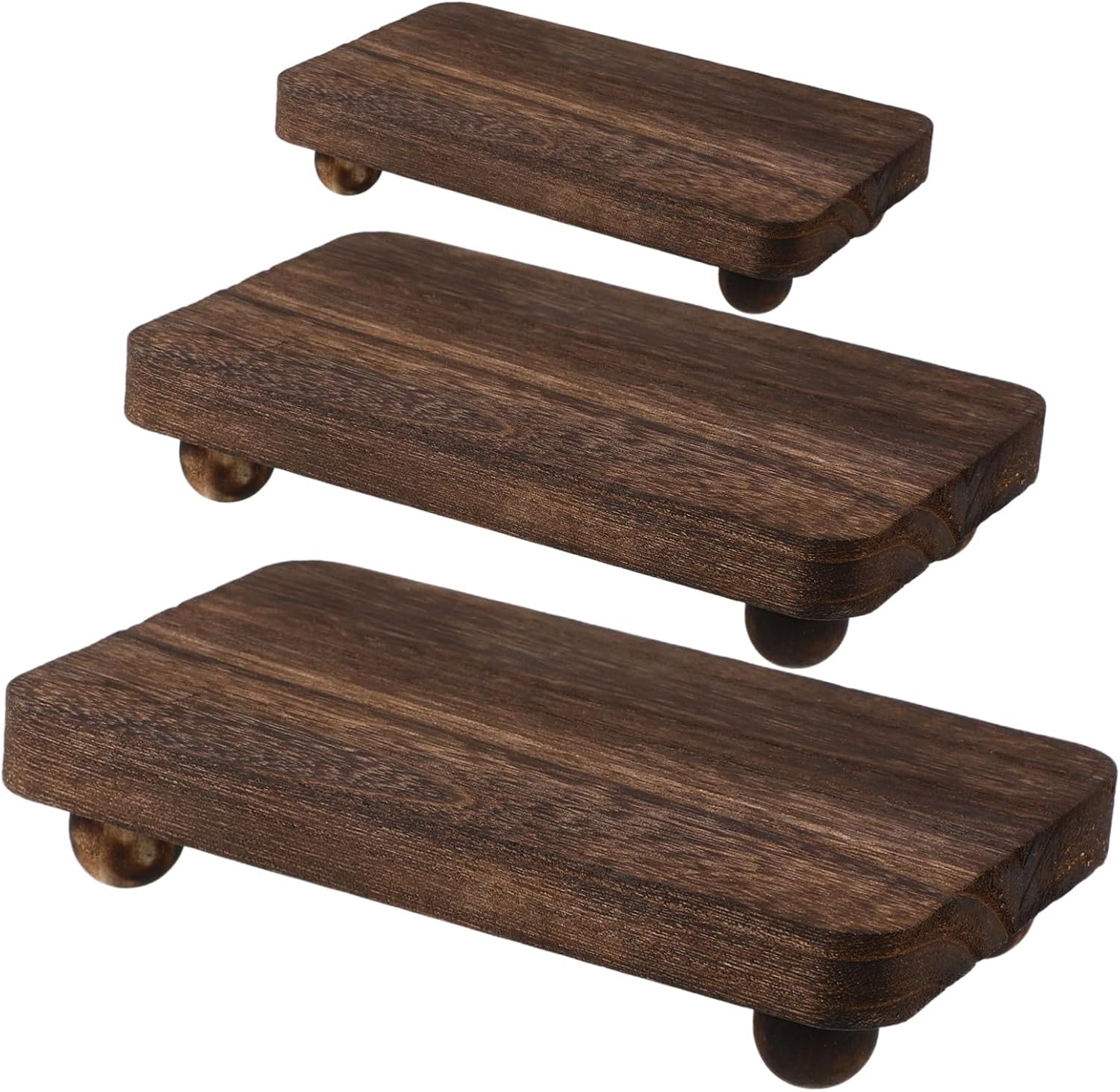 3pcs Wooden Pedestal Display Stands for Kitchen and Bathroom Counters, Multi-purpose Space-saving Wood Riser Tray for Vases and Cupcakes, Rustic Farmhouse Style for Compact