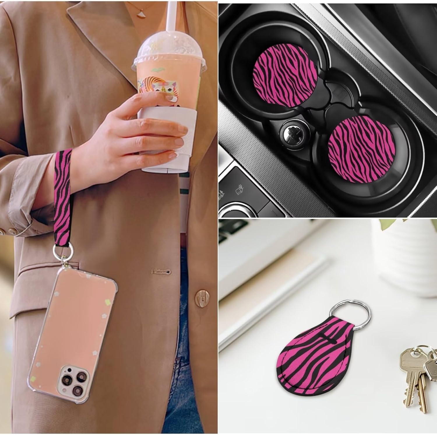 ELEQIN Pink Zebra Stripe 14 Pcs Interior Sets Front Rear Seat Covers for Cars Steering Wheel Seatbelt Cushion Arm Rest Pad Headrest Coasters Key Chain Automotive Seat Cover Accessories Full Set