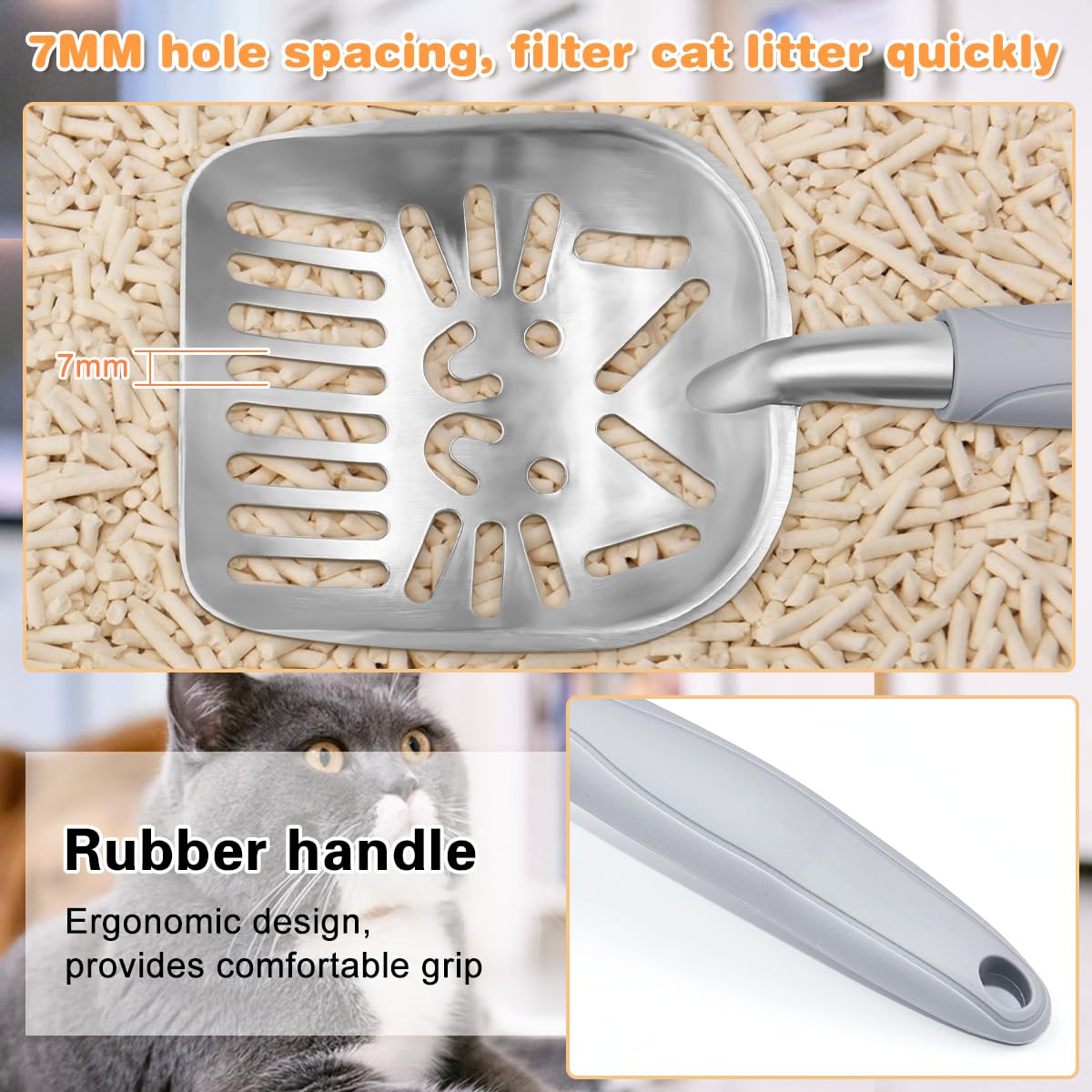 YBCCBY Metal Cat Litter Scoop Aluminum Cat Litter Shovel Non-Stick Cat Litter Sifter Reptile Sand Scoop Shovel Sifter with Ergonomic Long Handle and Large Holes Slot Durable and Easy To Clean Grey - Image 4