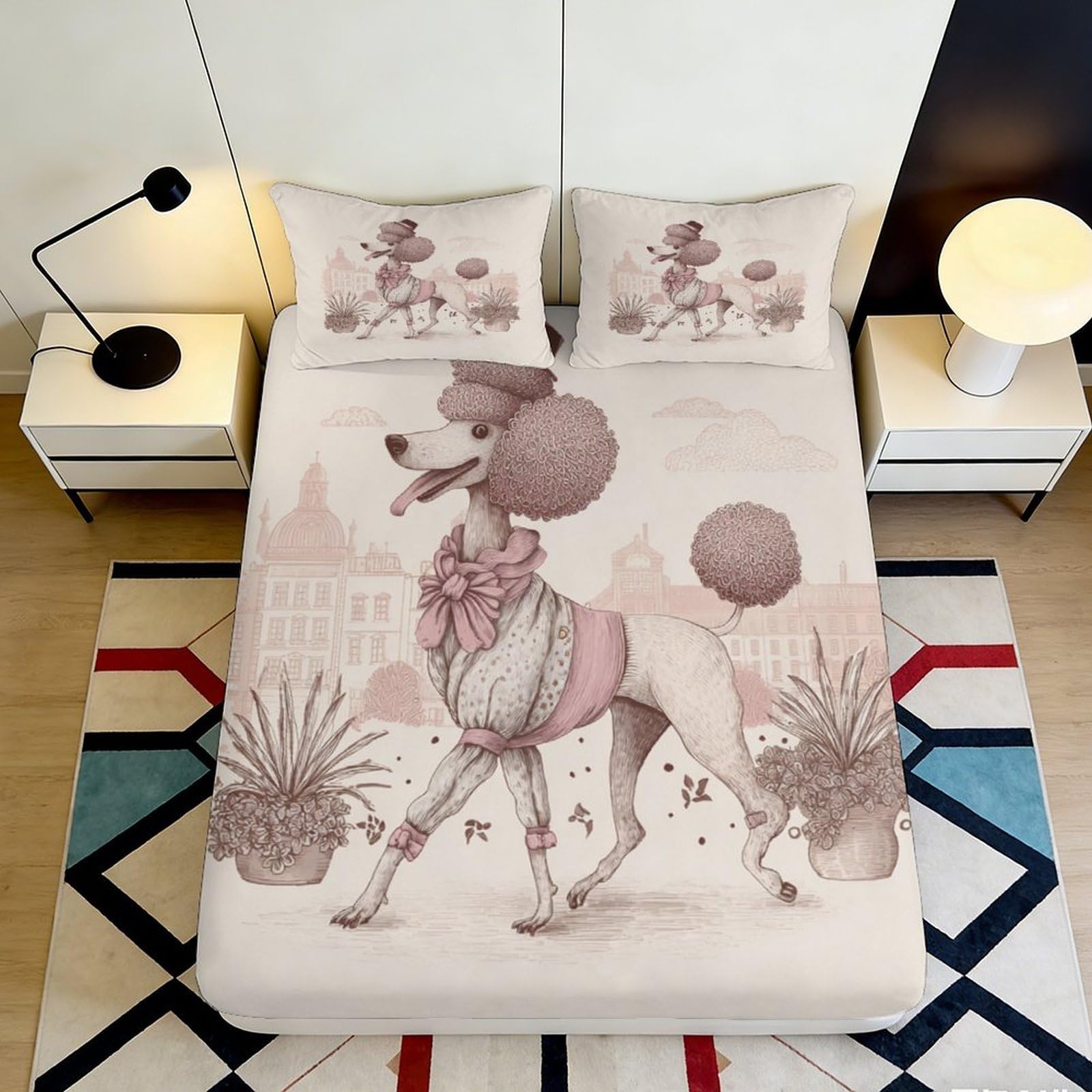 3D Printed Pink Poodle Fitted Sheet Microfiber Soft Breathable Parisian Dog Bed Cover for Bedroom Guest Room Decor 90x200x25cm