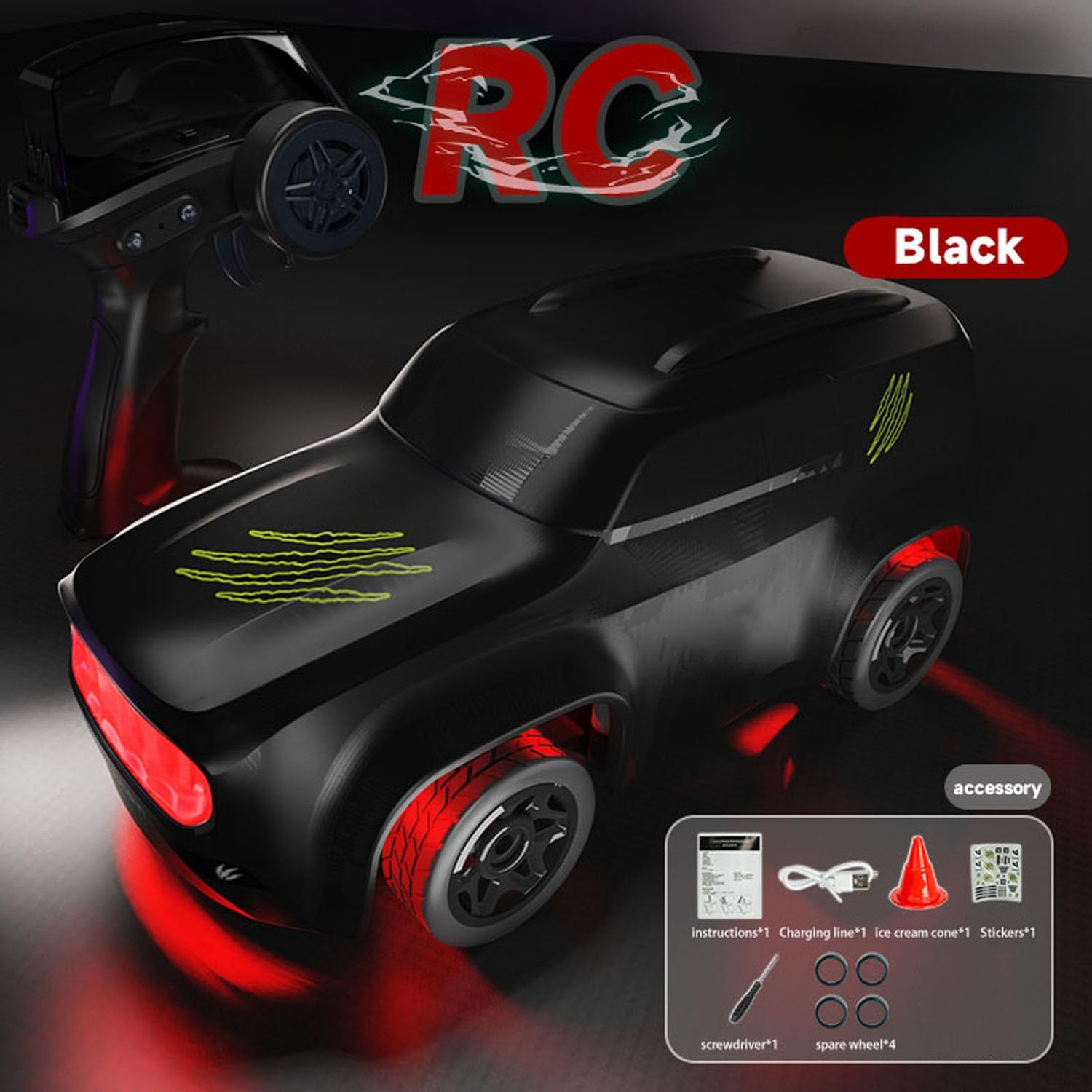 1/64 RC MINI High Speed Desktop Drift Car Q197 2.4Ghz Remote Control Four Wheel Drive Car Model RTR Battery Colorful Lights Hobby Grade Model for Adult Hobby(Black)