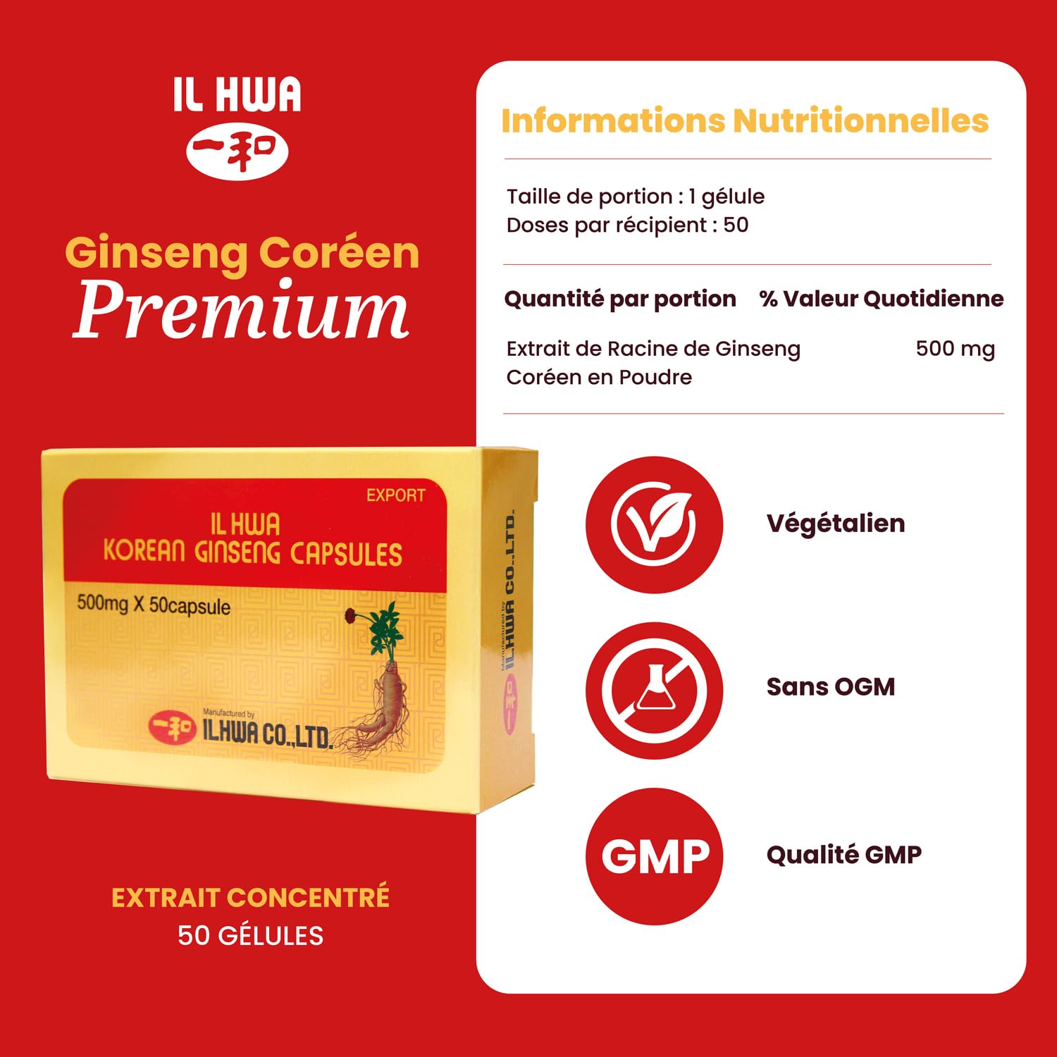 Ginseng de Corée 100% Authentique 500 mg, 50 Gélules | Panax Ginseng Pur Sans Additifs | Énergie Physique et Mentale | Racines de 6 Ans | Qualité Ilhwa