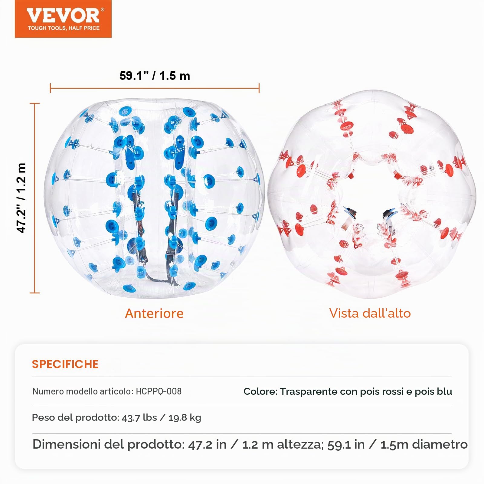 VEVOR Palla Gonfiabile del paraurti della Palla 2pcs 1.5m x 1.2m, Palla Gonfiabile del Corpo del PVC di Rimbalzo per Le attività all'aperto, Palla Gonfiabile del paraurti dei Punti Rossi + Blu