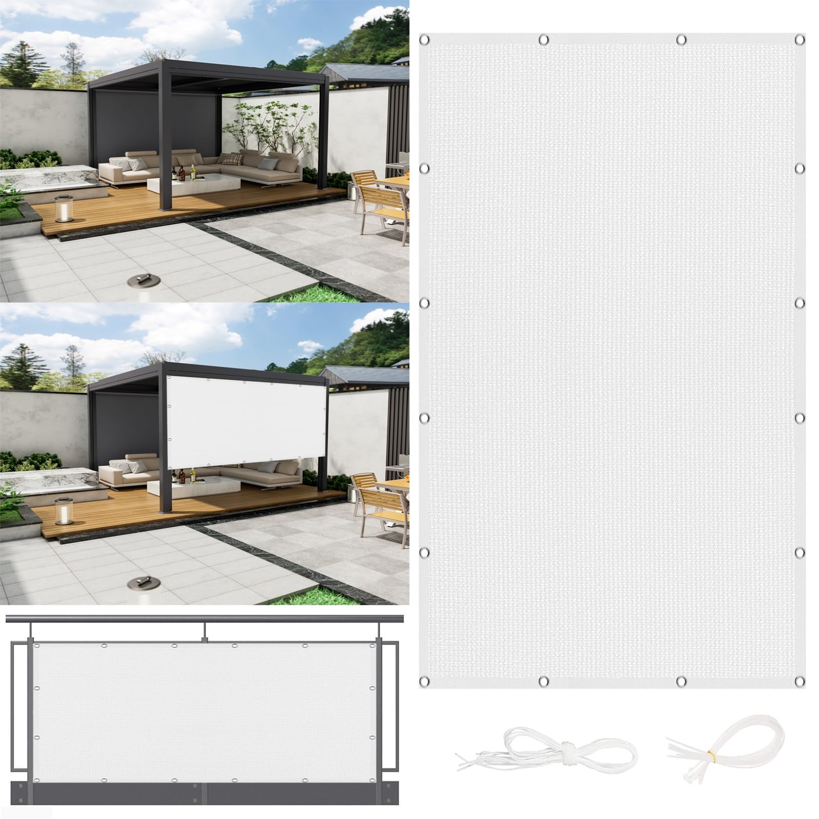 Voile d'ombrage filet brise vent blanc 145x800 anti-UV pour pergola et extérieur carré