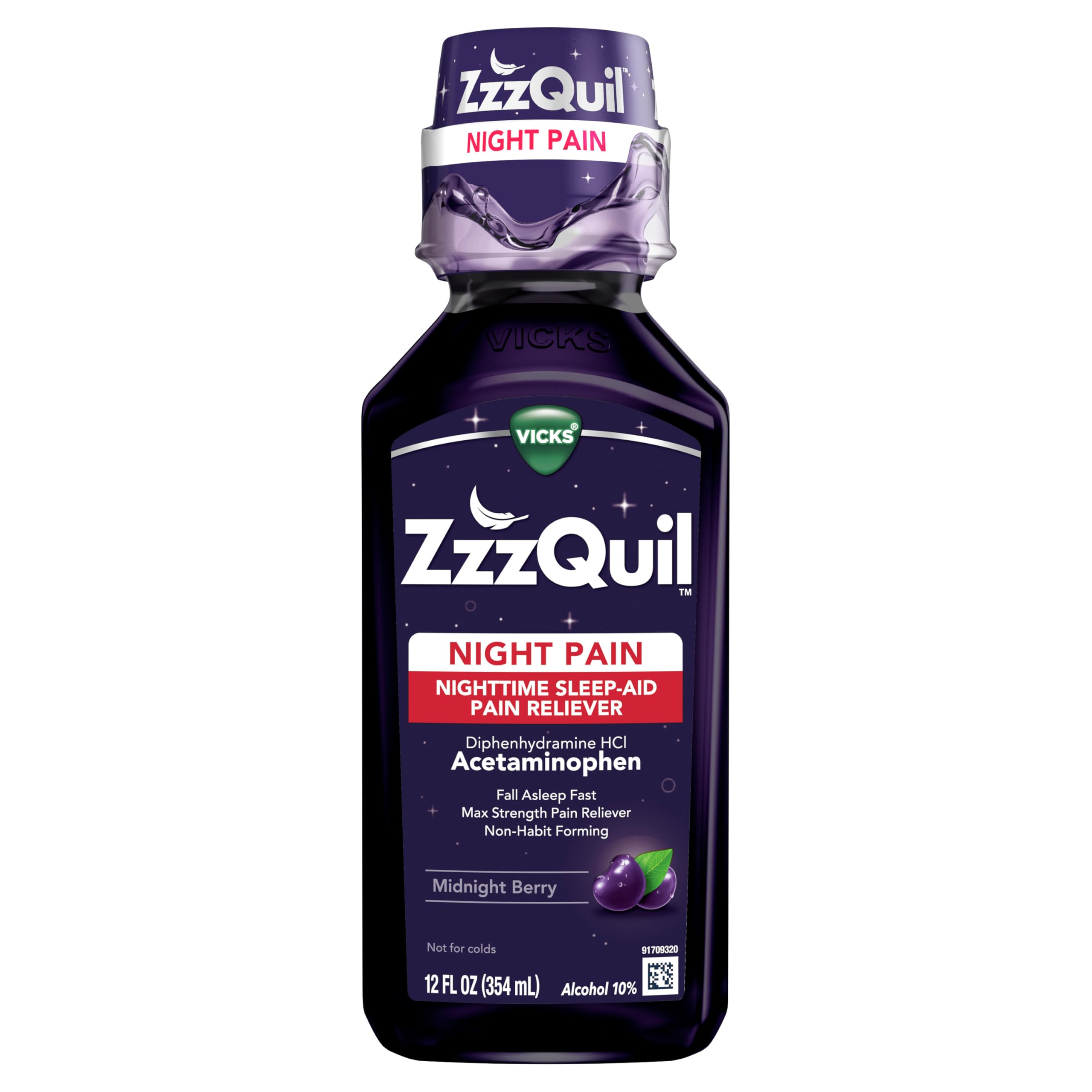 ZzzQuil Liquid, Max Strength Pain Reliever, Nighttime Sleep Aid Liquid, Acetaminophen 1000mg, Diphenhydramine 50mg HCI, Non-Habit Forming, Midnight Berry Flavored, 12 FL OZ