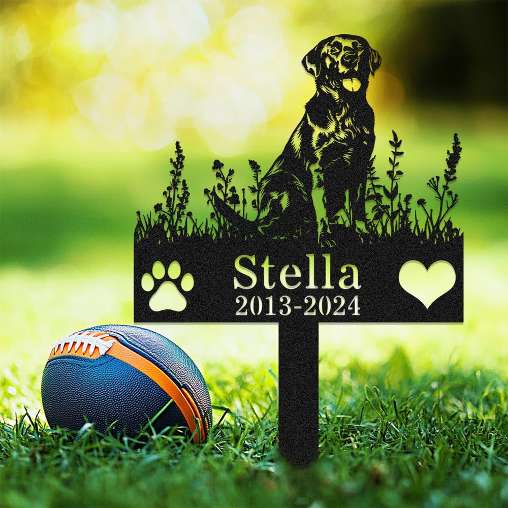 Custom Labrador Dog Memorial Grave Marker with Stake,Personalized Dogs Name Memorials Engraved Burial Sign,Customized Loss of Sympathy Gifts for Pet Owner,Flower Pets Headstone for Cemetery Lawn Yard