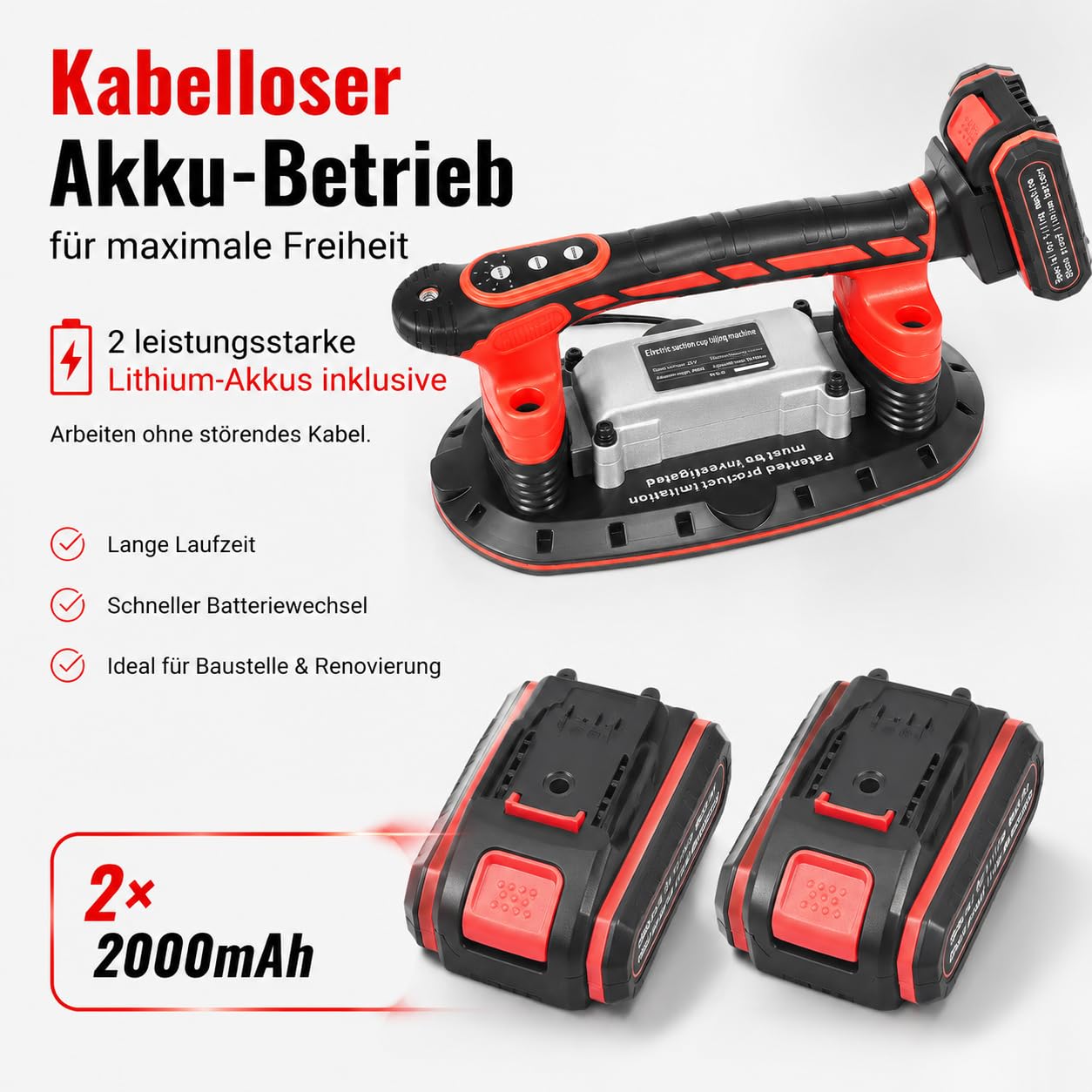 2xLithium Fliesen vibrator 6 Geschwindigkeiten 21V 3000-13000rpm | Batterien Fliesenrüttler mit Gummi-Saugnapf, für präzises Fliesenverlegen in Bad, Küche und Renovierung