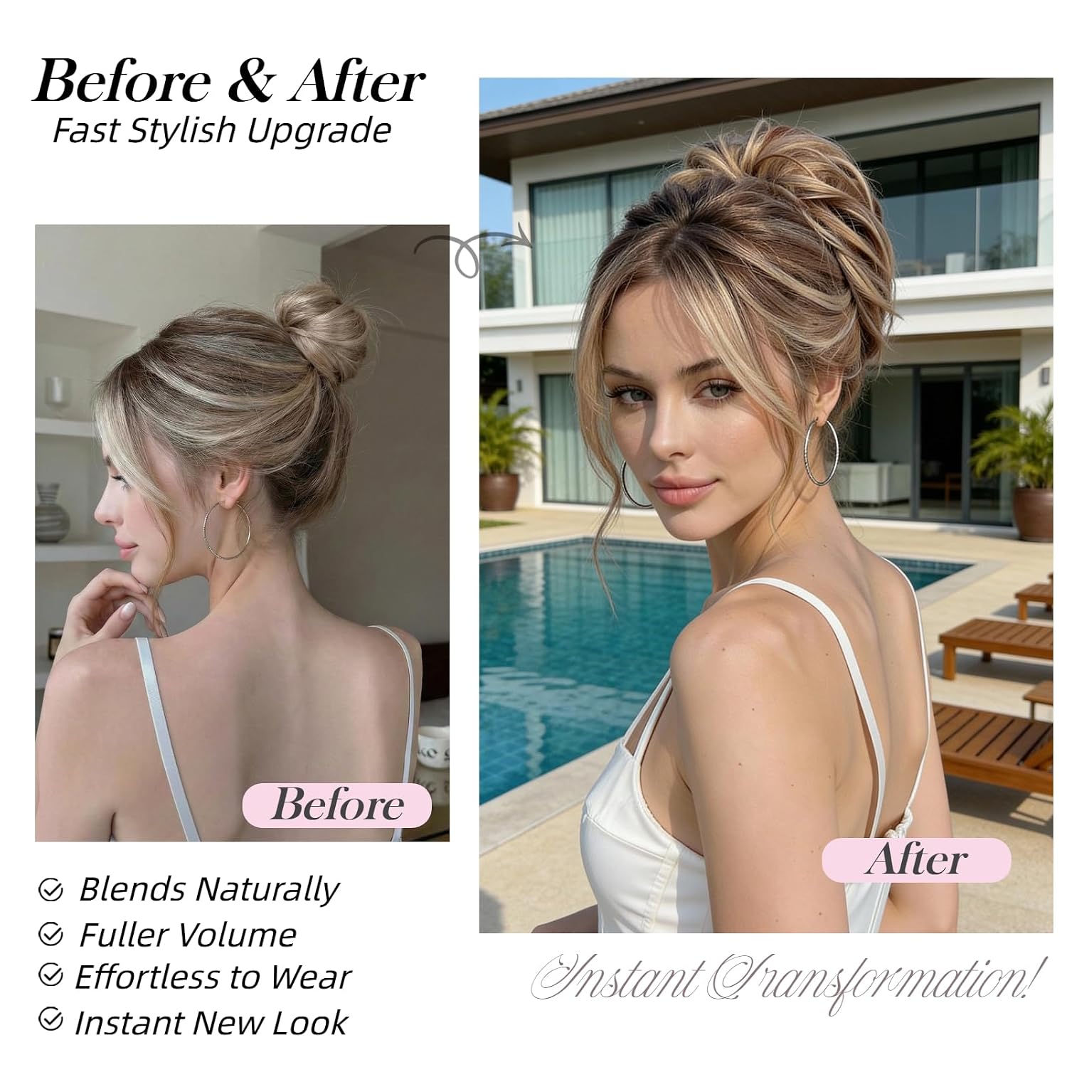 Ponytail Extension Dirty Blonde Short Wavy Straight Messy Bun Claw Clip Hair Extensions 7.8 Inch Pony Tail Piece Blonde Brown Hair Pieces for Women (Brown With Blonde Highlights, 3OZ) Brown Mix Beach Blonde