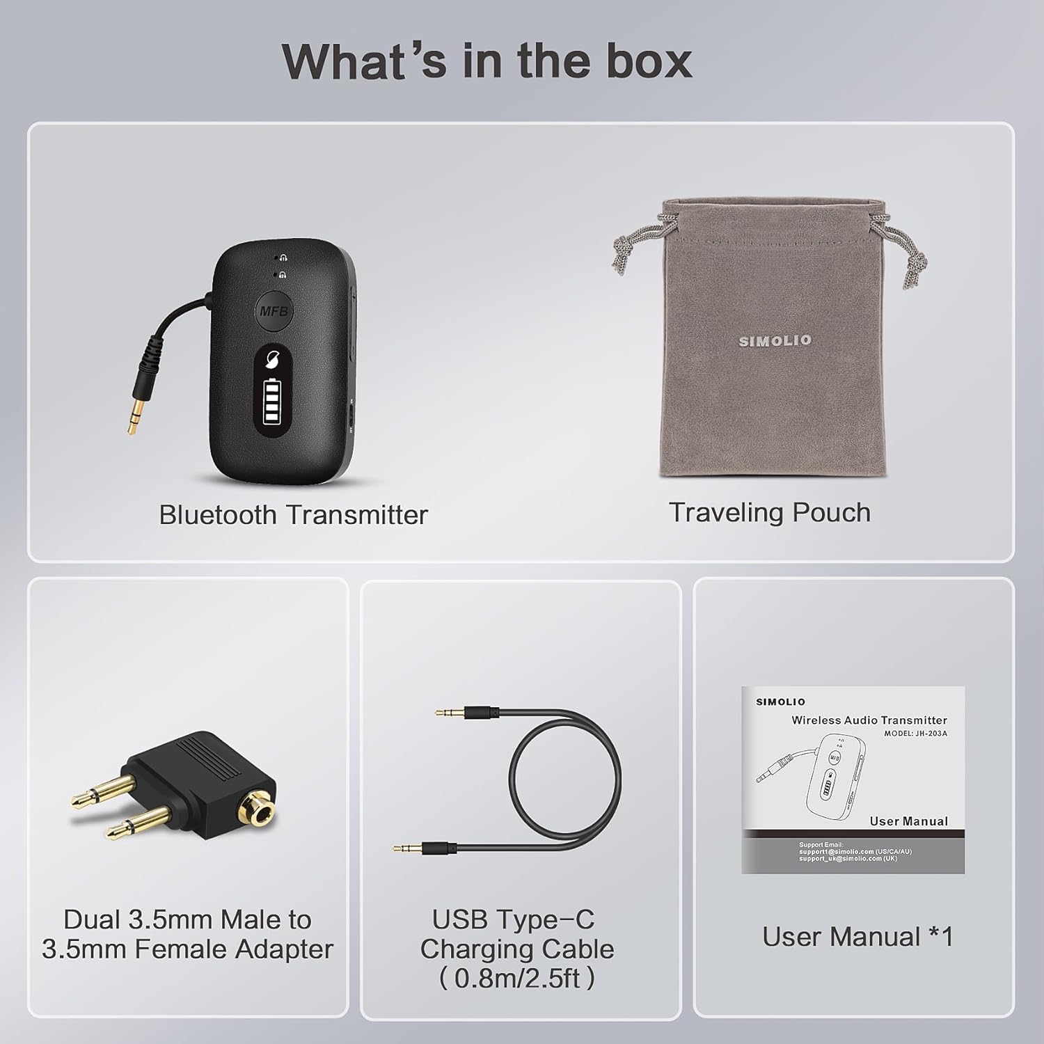 SIMOLIO Airplane-Bluetooth-Adapter for AirPods/Headphones, 20 Hr Battery, Supports 2 Earbuds/Wireless Headphones, 3.5mm AUX Wireless Audio Transmitter for TV, Gym Equipment, Controller, MP3 Player