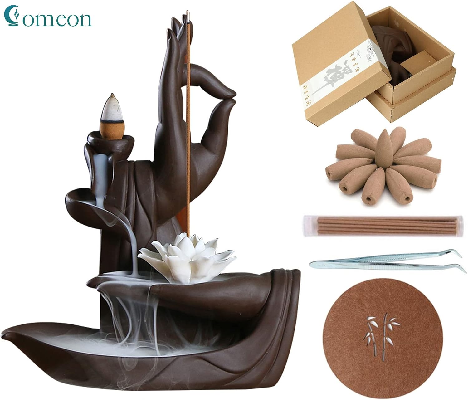 Comeon Backflow Incense Holder Burner Handmade Ceramic Incense Cones Sticks Holder Home Decor Waterfall Backflow Incense Burner Censer + 20 Backflow Incense Cones Gift (Lotus)