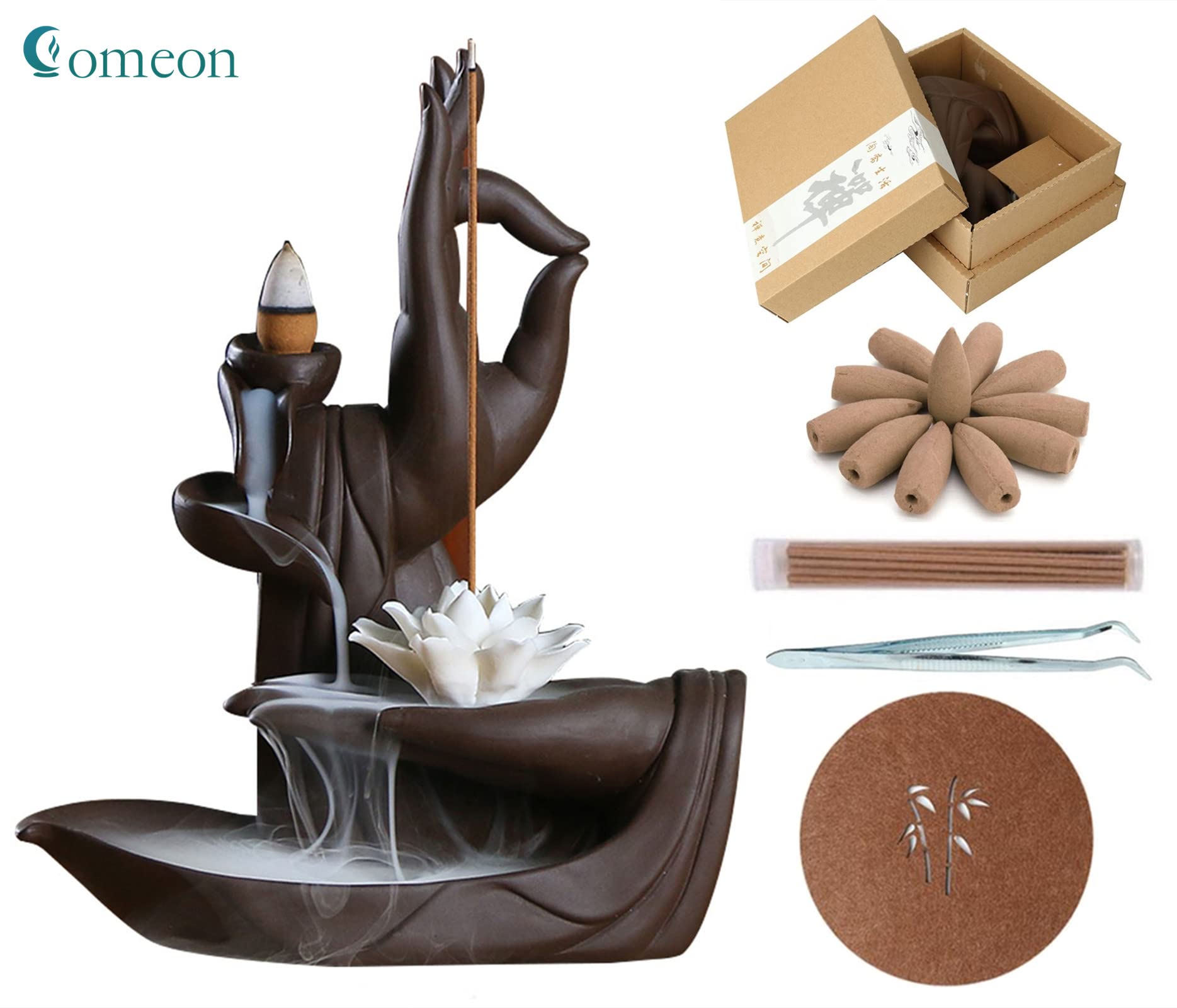 Comeon Backflow Incense Holder Burner Handmade Ceramic Incense Cones Sticks Holder Home Decor Waterfall Backflow Incense Burner Censer + 20 Backflow Incense Cones Gift (Lotus)