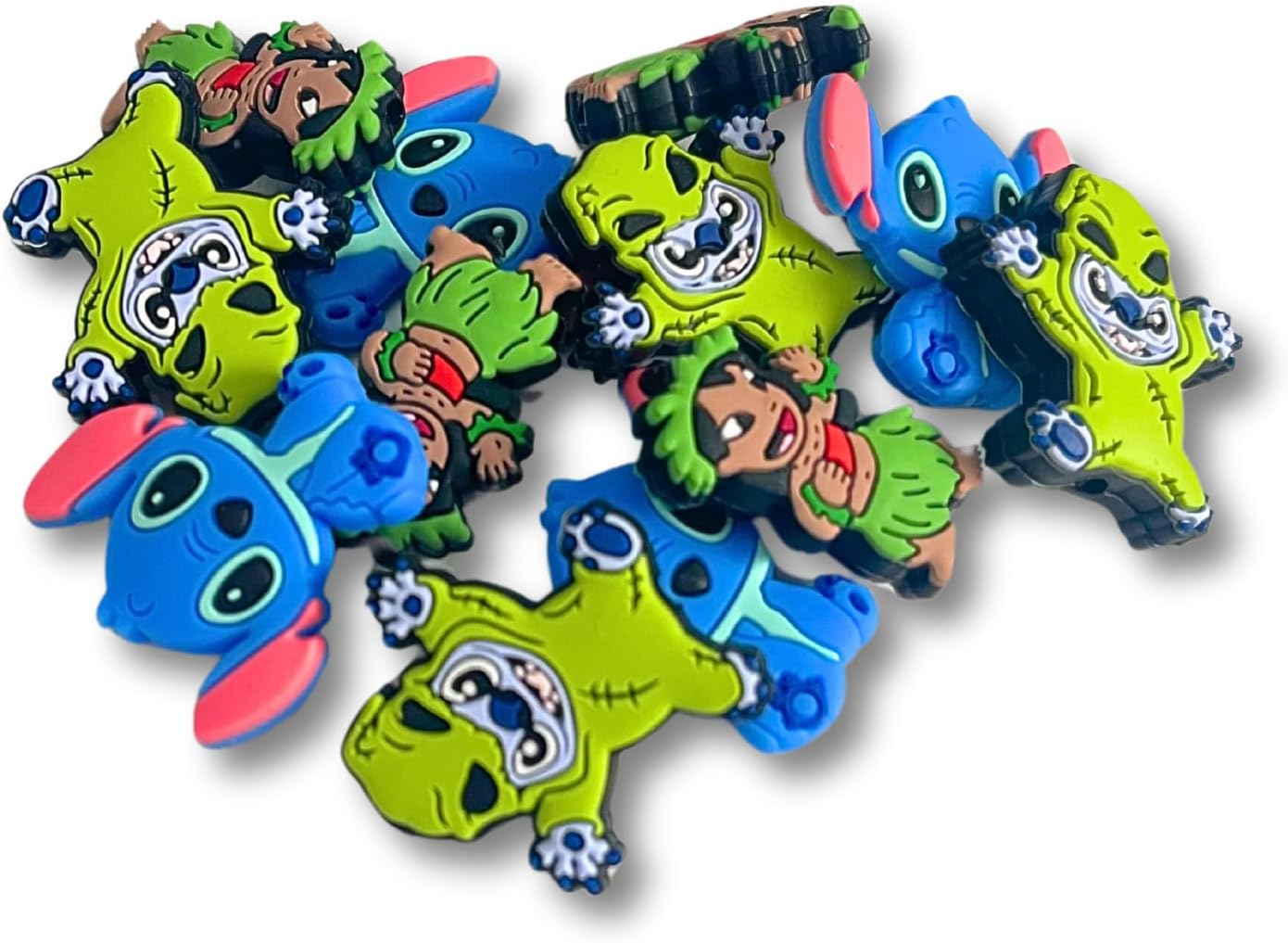 Lashicorn Ohana Blue Movie Characters Popular Silicone Focal Bead Island | 12pk 3 Designs Mixed for Freshie Hangers Bulk Hawaiian Tropical Animal Charms Palm Tree Magical Gnome