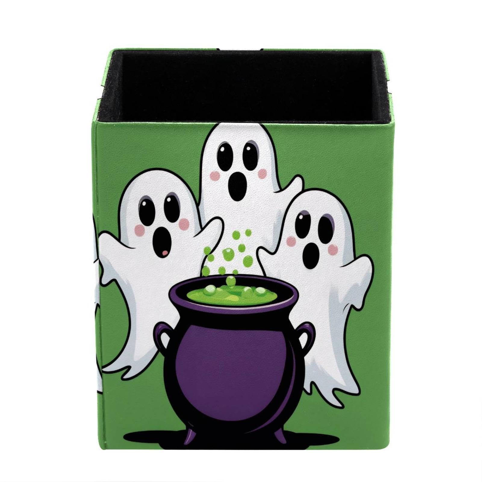 XingFox Ghost Potion Pen Holder for Desk Deco, Sqaure PVC Leather Pencil Cup for Desk Pen Organizer, Makeup Brush Holder for School, Home, Office