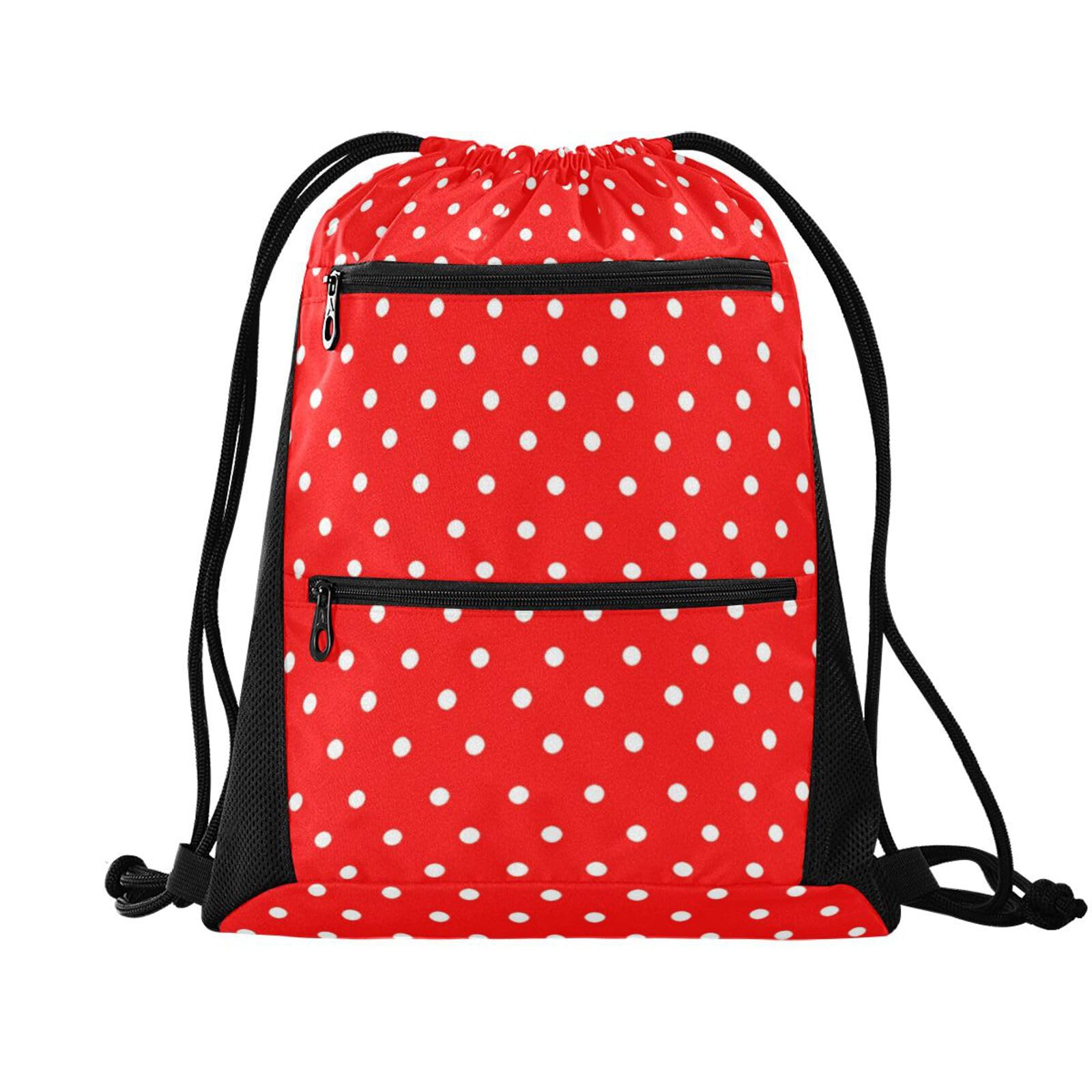 FRODOTGV Polka White Dots on Red Background String Bag with Mesh Pockets Sports Gym Yoga Sackpack Water Resistant String Bag — image 1