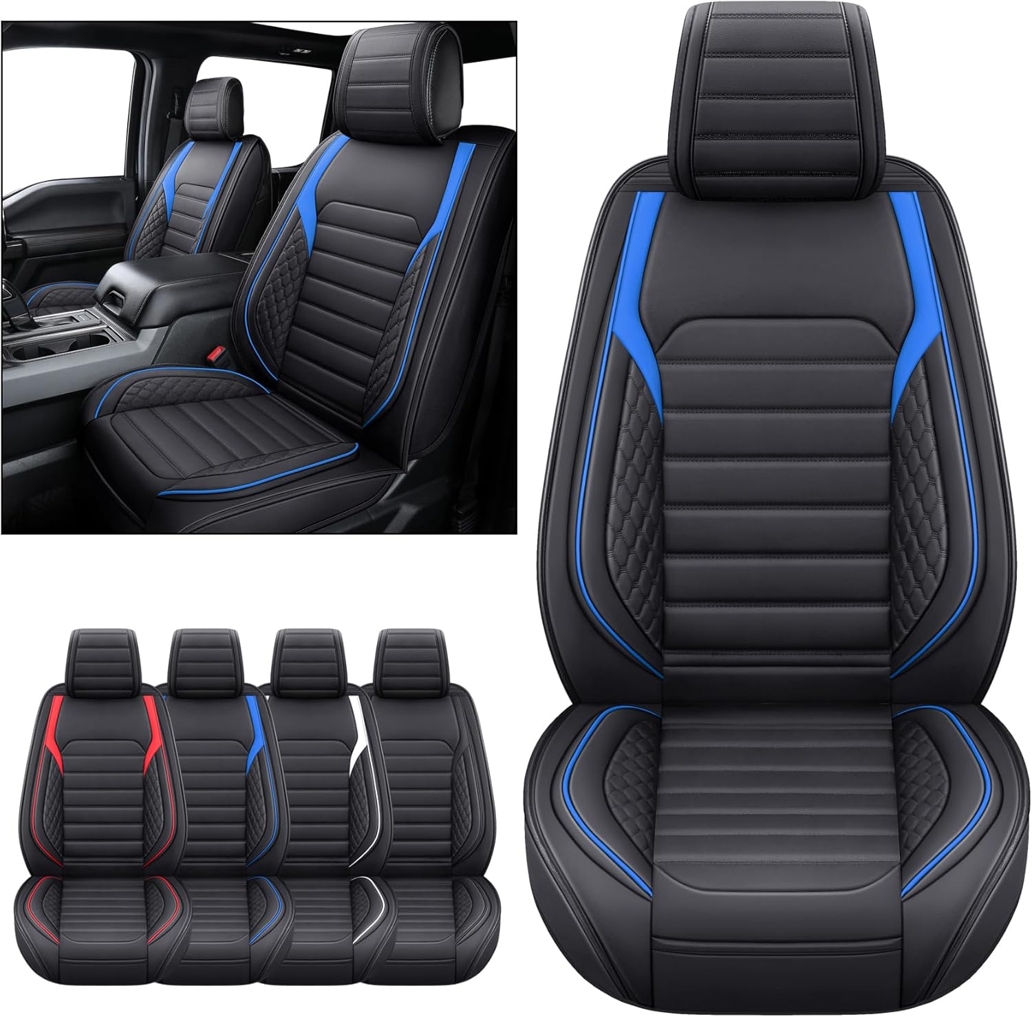 YIERTAI F150 Seat Covers Compatible with 2009-2024 Ford F150 2017-2024 F250 F350 F450 Crew Cab Supercab XLT Super Duty Lariat Supercrew Platinum Raptor King Ranch(2 PCS Front/Black-Blue) CP-FHPK-QP-Black-Blue