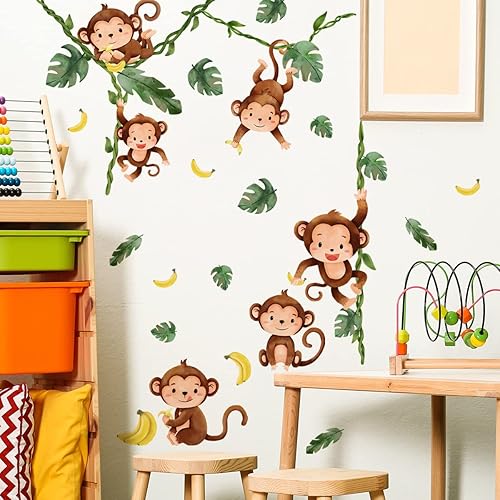 Miniatura 3 de Runtoo Calcomanías de pared de árbol trepador de mono, animales de la selva, calcomanías de arte de pared para dormitorio de niños, guardería y