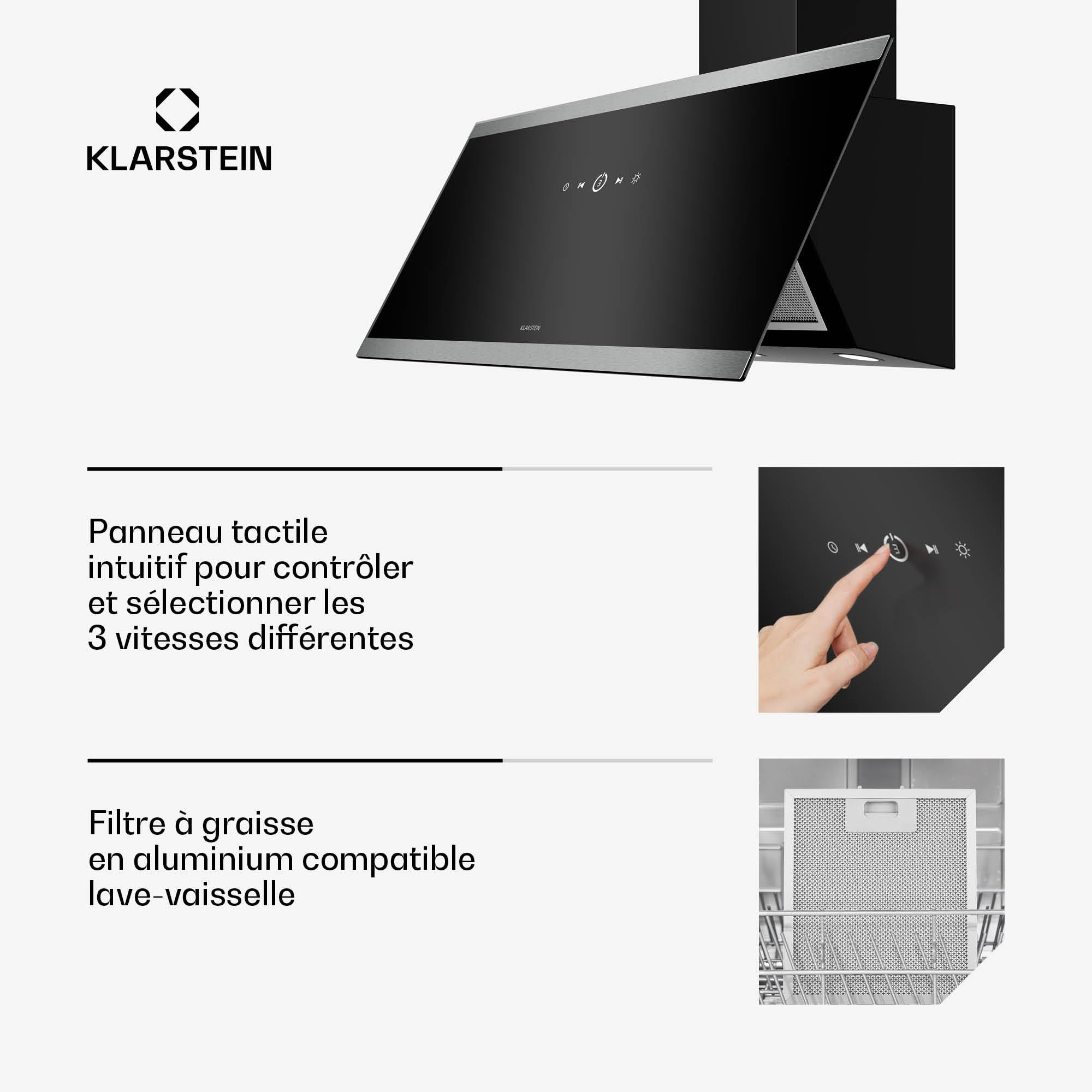 Klarstein FlashLine hotte aspirante 90 cm, 524 m³/h, CEE A++, écran tactile, LED, 34,5 dB, noire
