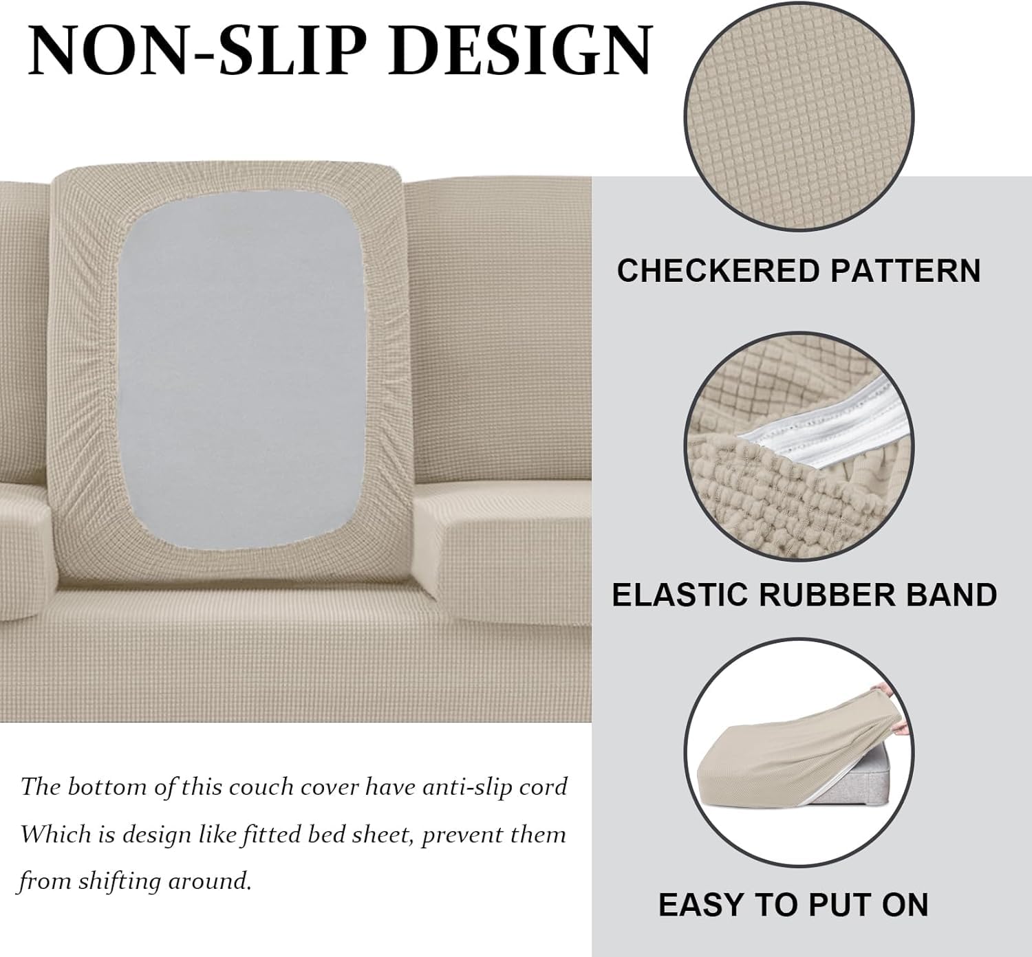 SYLC Caravan Seat Cover Stretch Jacquard, Non-slip RV Dinette Cushion Covers with 2 Straps, Couch Cushion Covers for Camper Sofa Bench (Beige,W 145-185 cm, D 45-65 cm) — view 3