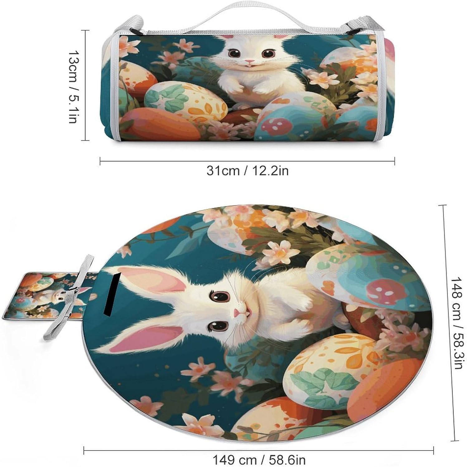 Cute Easter Bunny Picnic Mat Lightweight Waterproof Picnic Blankets Extra Large Picnic Outdoor Blankets Foldable Sandproof Beach Blanket for Park Beach Camping Courtyard 58.3''x58.3''