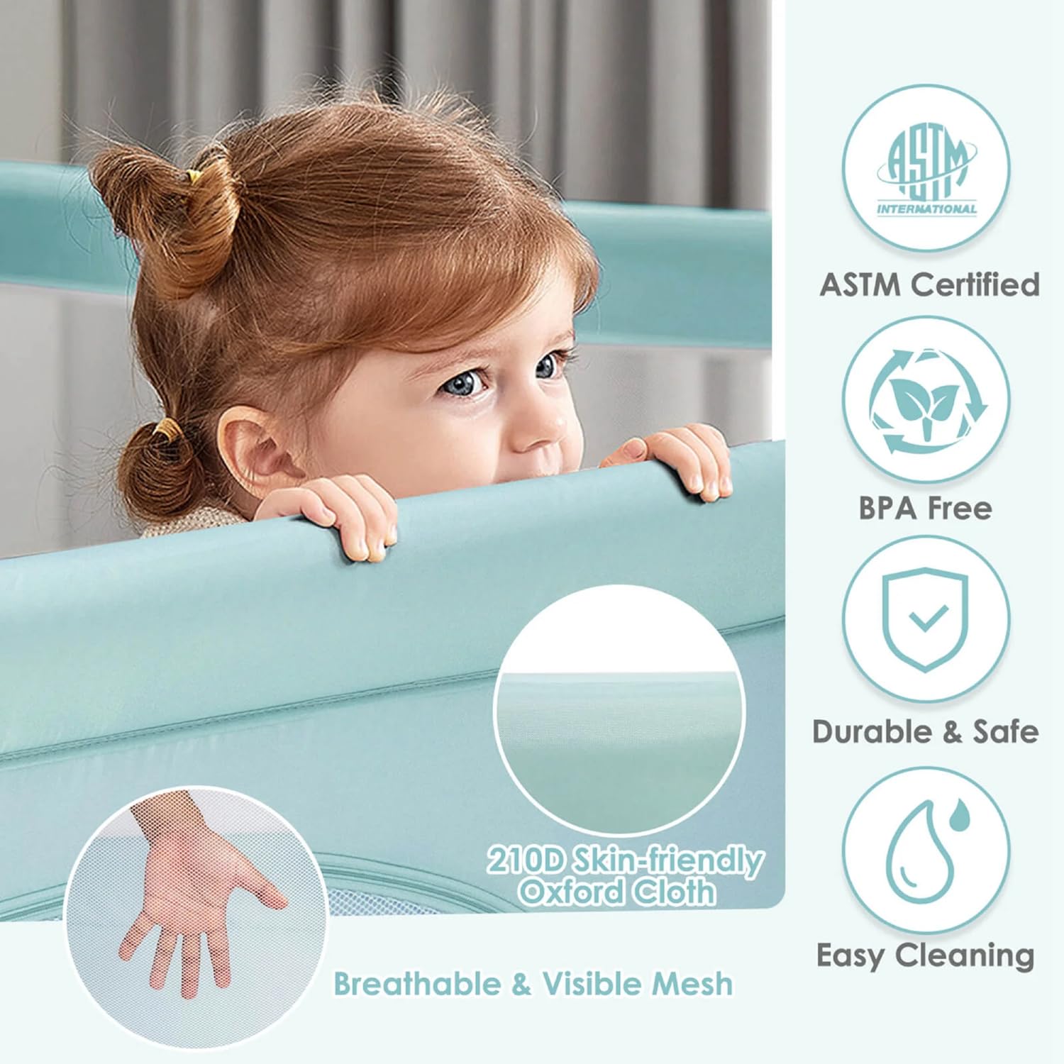 Careopeta 120*120 Cm Playpen for Babies Upto 5 Year Baby Fence Play Area Children Activity Play Yard for Kids Baby Play Area Indoor Setup Living Room Todldler Infant Play Pen Mesh with Balls (Light Green) - Image 3 thumbnail