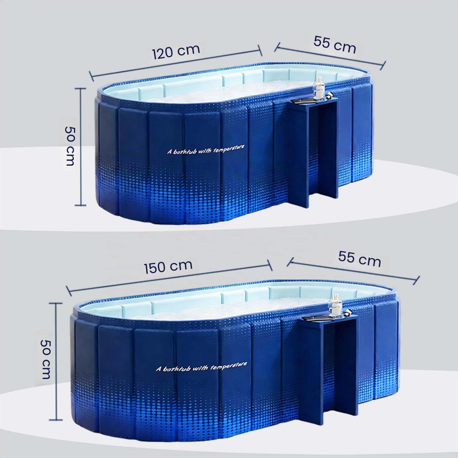 Baignoire portable de 150 cm avec étagère, pliable pour 2 personnes, sans gonflage, baignoire de trempage, bain glacé et spa chaud 2 en 1 pour douche, jardin et camping (bleu)