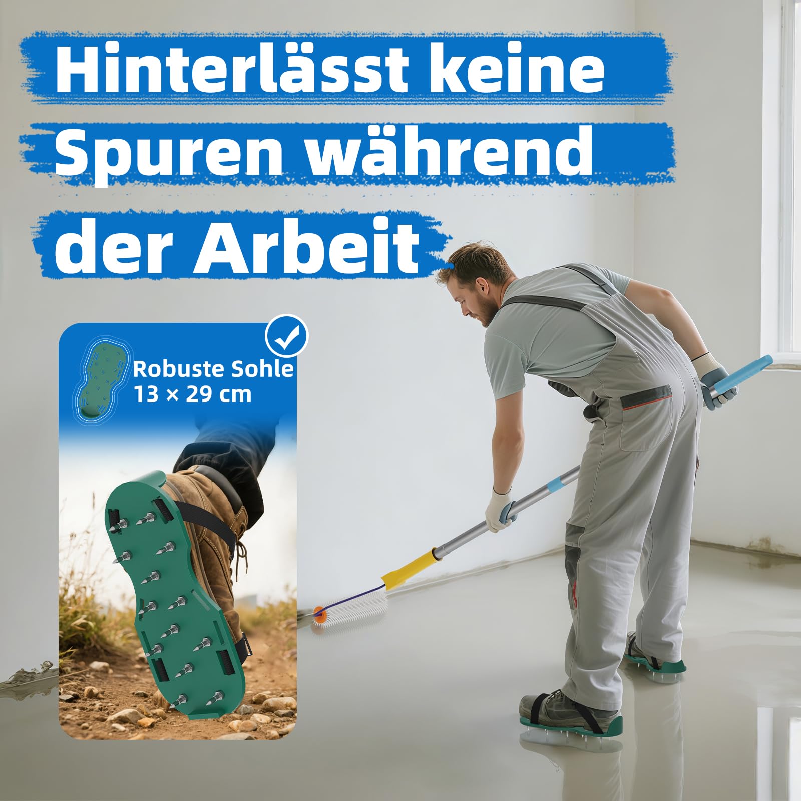 VKE Entlüftungswalze Set für Ausgleichsmasse - Stachellänge 14 mm, Profi Stachelwalze Ausgleichsmasse, 1 Nagelrolle 23 cm, 2 Farbrolle 23cm, Teleskopstange 1,5 m, Nagelschuhe 30 mm-Nur 1 Griff