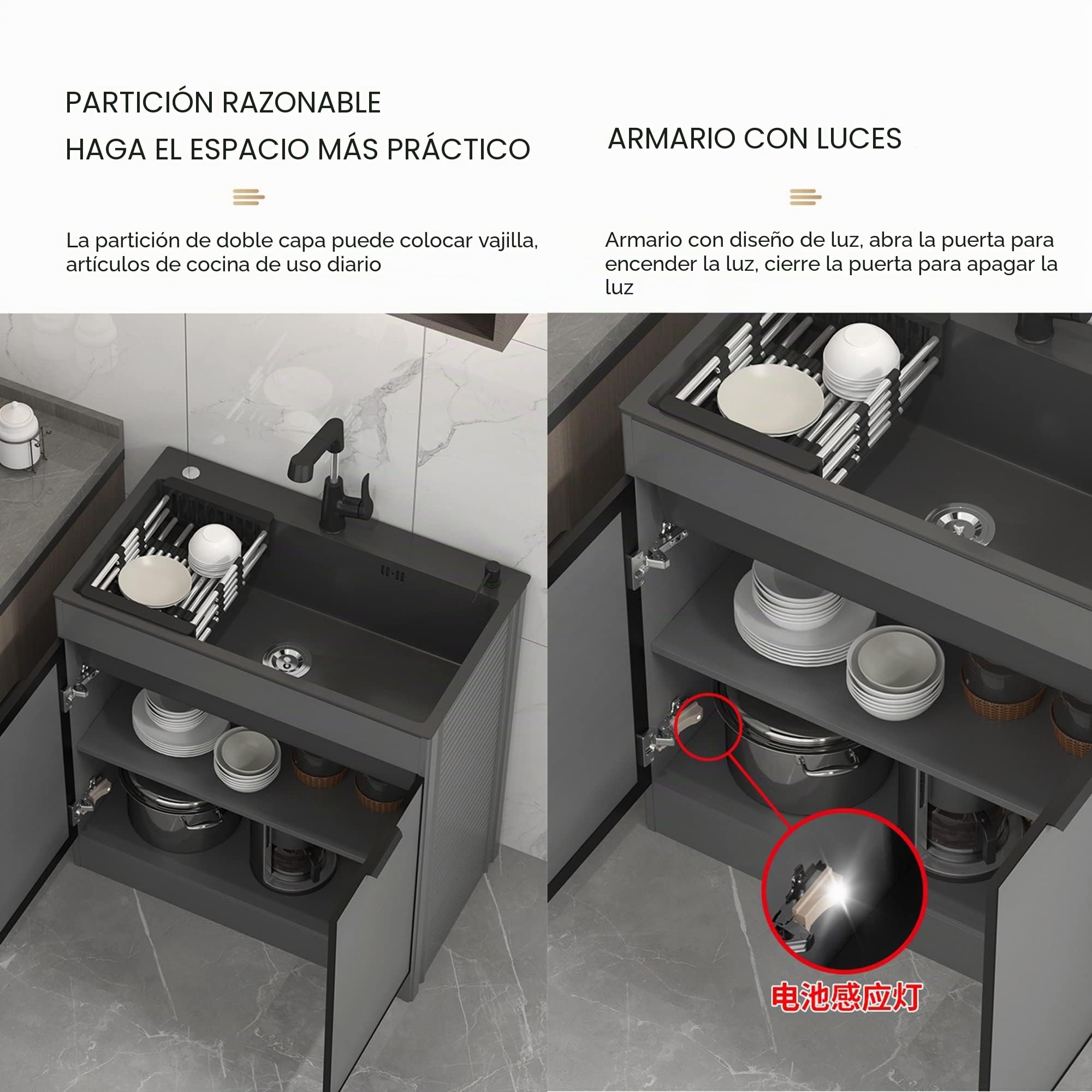 Fregadero con Patas de Acero Inoxidable Exterior para Jardín Negro - Mueble de Cocina y Lavandería Portátil con Grifo y Desagüe, Estación de Trabajo para Preparación