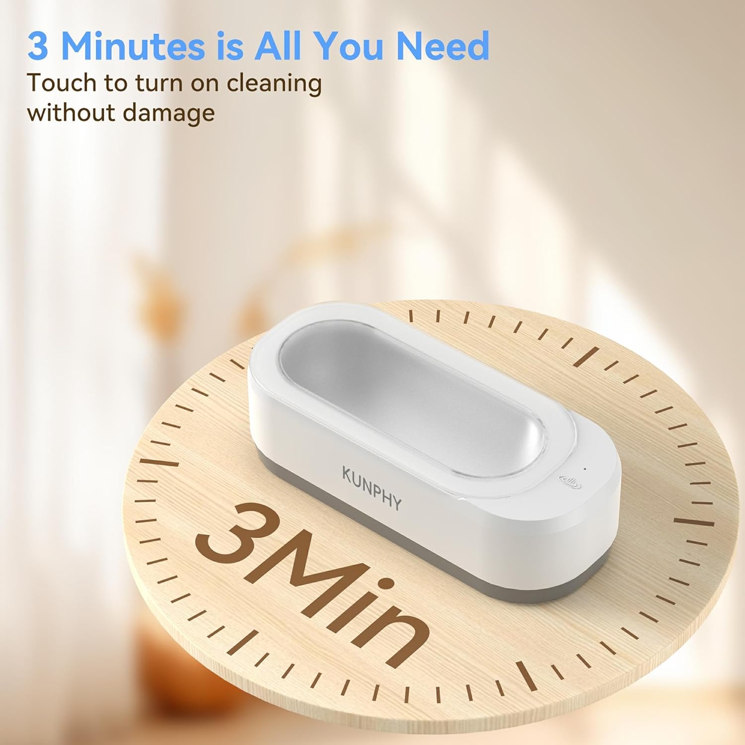 KUNPHY Sonic Jewelry Cleaner with a timer showing '3 Min' for quick cleaning cycles.