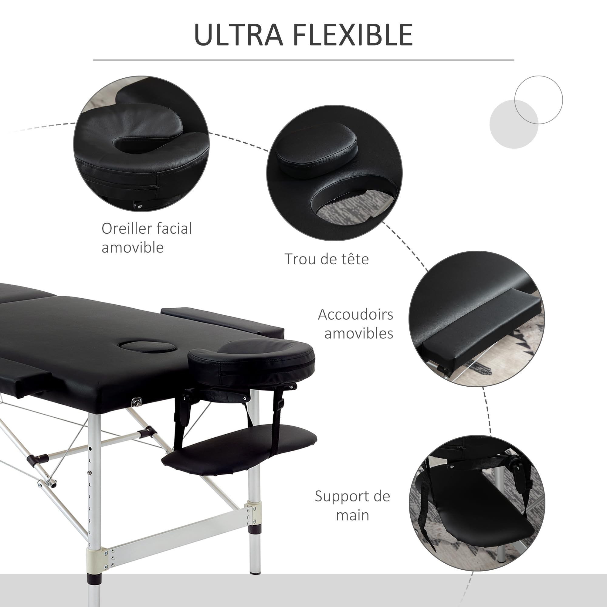 HOMCOM Table de Massage Pliante cosmétique lit de Massage Portable Charge Max. 225 Kg Hauteur réglable Cadre en Alliage d'aluminium Noir