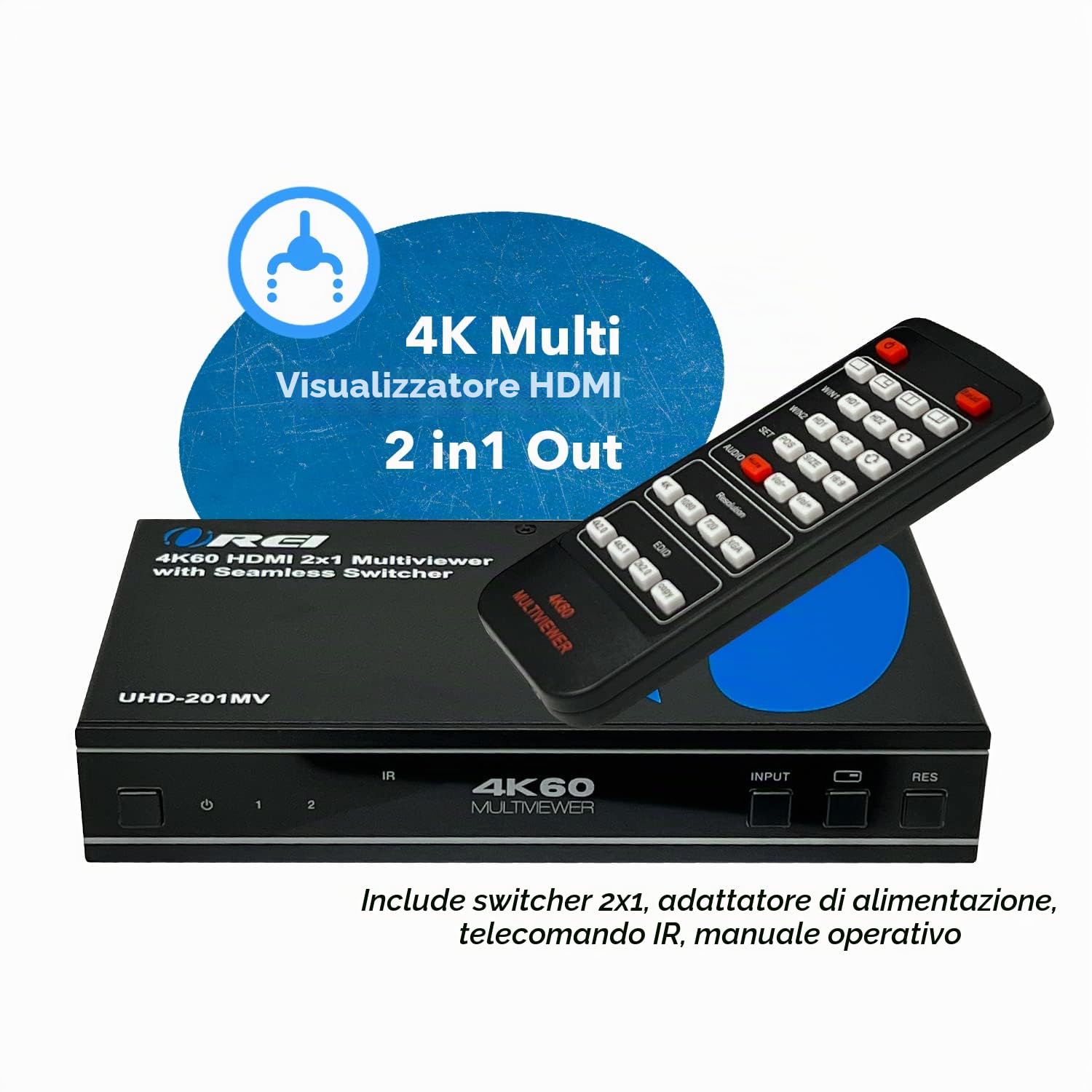 OREI 4K HDMI Multi Viewer 2 in 1 Out Switcher 2 porte Seamless IR Remote Support 4K @ 60Hz 1080P per PS4/PC/DVD/telecamera di sicurezza Interruttore HDMI Uscita audio ottica L/R - (UHD-201MV)