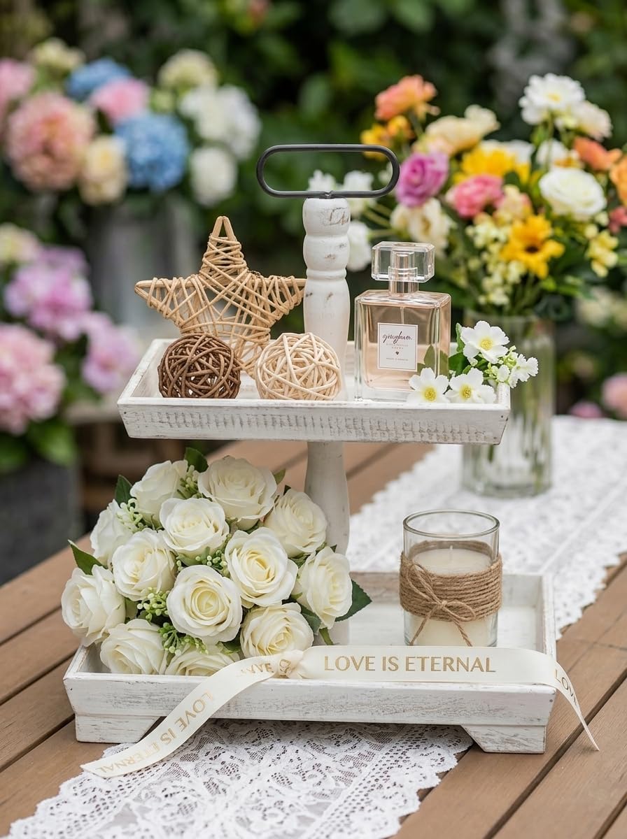 Hanobe Tiered Tray for Table Decor: 2 Tier Sunflower Decorative Tray Stand for Coffee Bar - Spring Farmhouse Rectangle Wood Display for Kitchen Counter, Rustic White