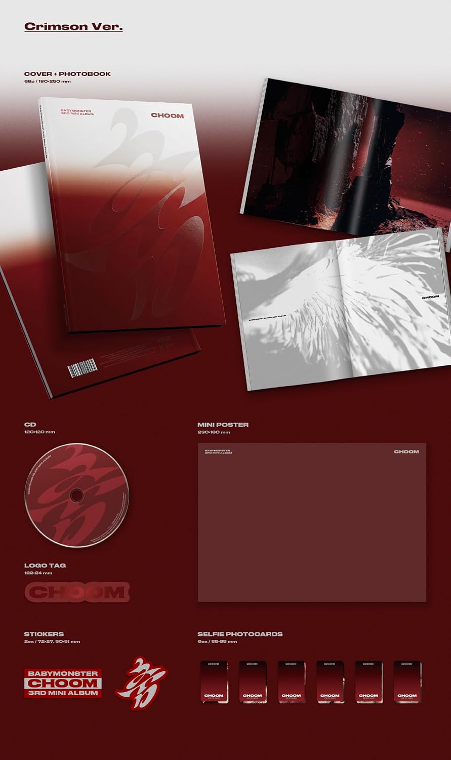 BABYMONSTER CHOOM 3rd Mini Album Standard Random Version CD+PhotoBook+Logo Tag+Selfie PhotoCard+Sticker+Mini Poster on Pack+Tracking