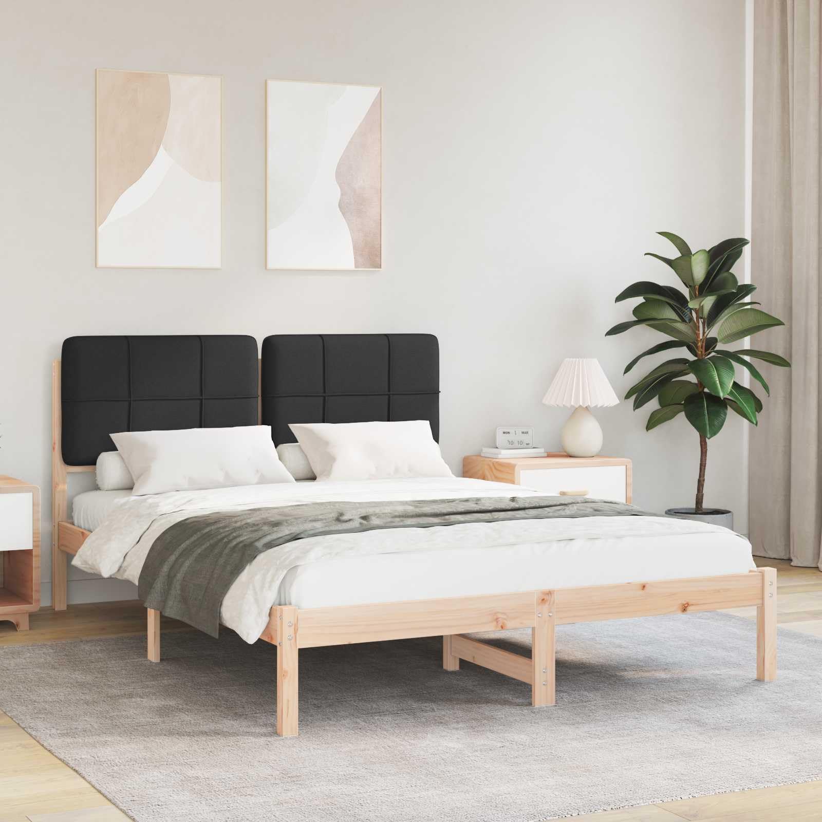 Telaio letto con testiera imbottita, nero, 160 x 200 cm, King Size, struttura in legno massello di pino massiccio, moderna camera da letto