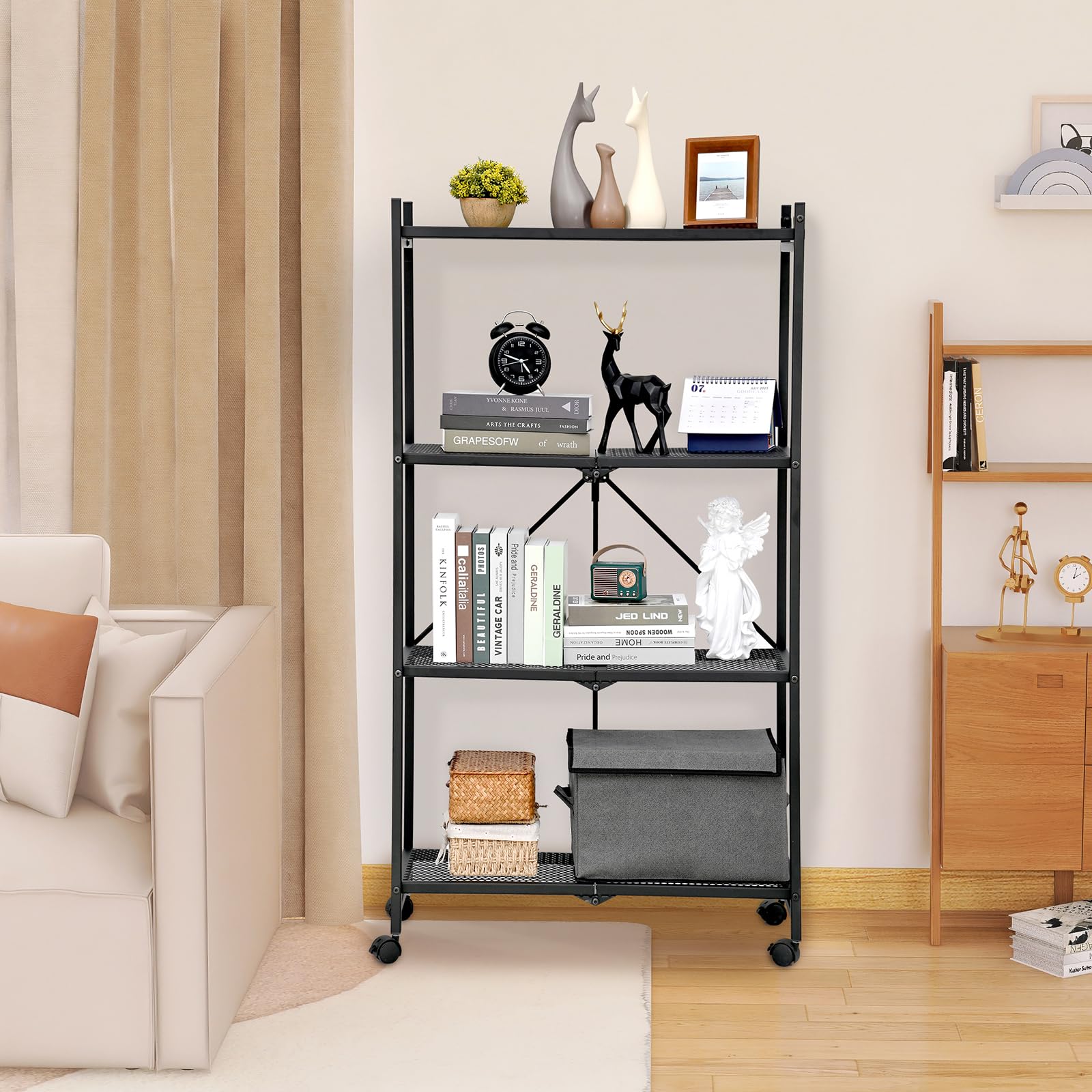 Desserte à roulettes Pliante à 4 étages, Chariot de Service, Chariot de Cuisine, 137 x 32,5 x 73,5 cm, Étagère de Rangement Pliable Multifonctionnelle, pour Cuisine, Bureau, Salle de Bain